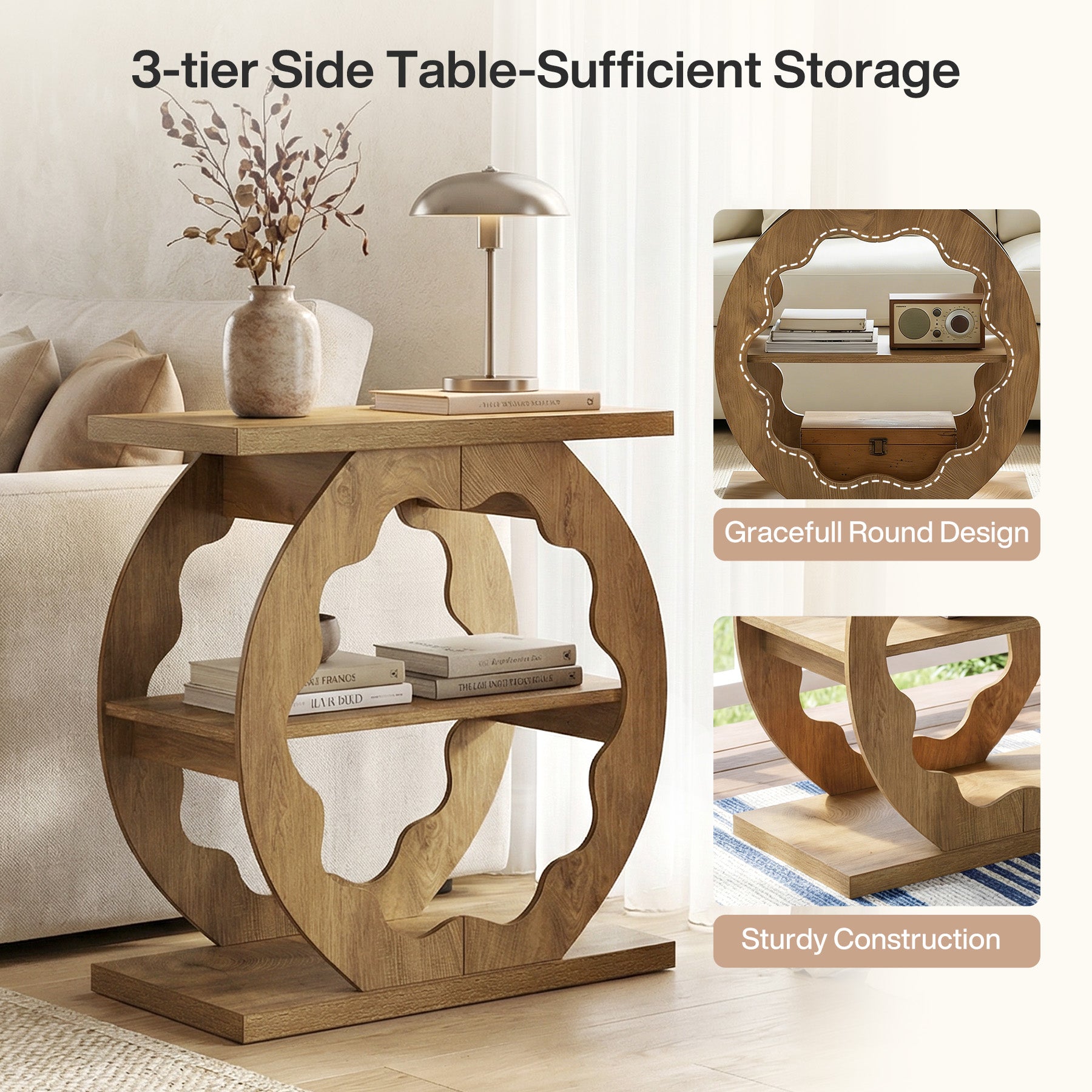 60 cm Smalle Bijzettafel met 3 Niveaus en Opbergrek, Houten Tafel voor Slaapkamer en Kleine Ruimtes