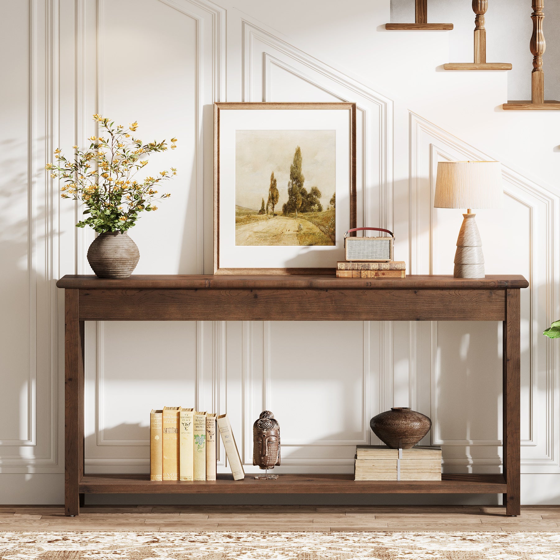 160 cm Houten Consoletafel met 2-Laags Opbergruimte, Lange Sofa Tafel voor Entree