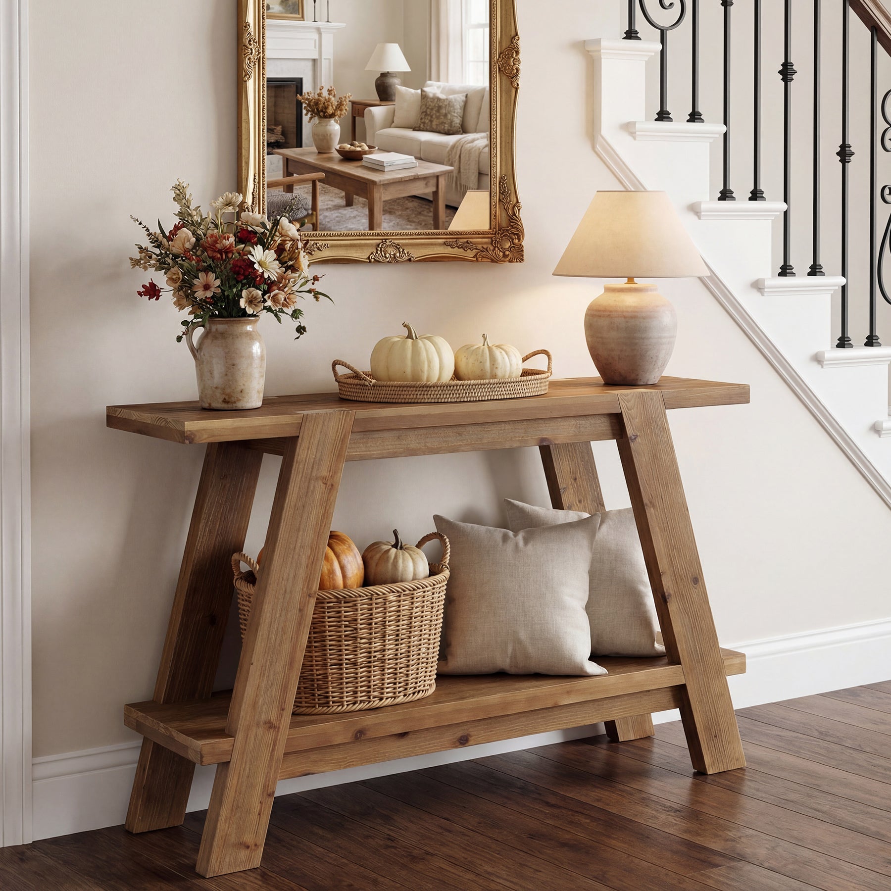 110 cm Massief Houten Consoletafel met 2 Planken, Smalle Haltafel in Landelijke Stijl Bruin