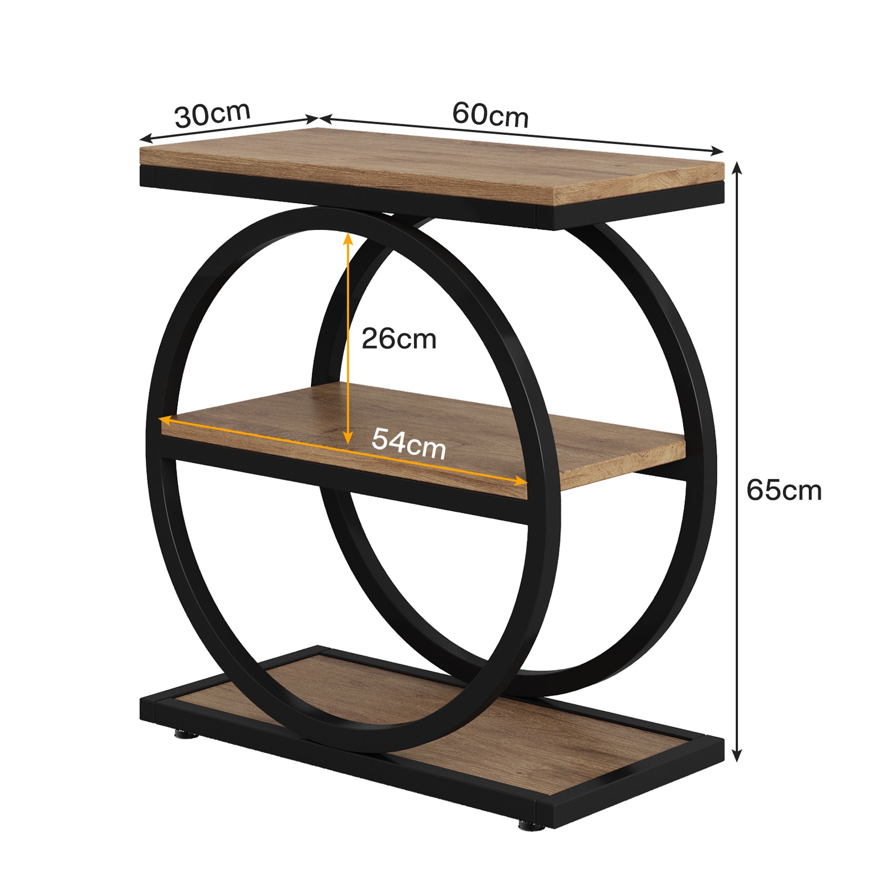 Industriële Bijzettafel met Drie Planken, Smalle Houten Zijtafel met Zwarte Metalen Frame