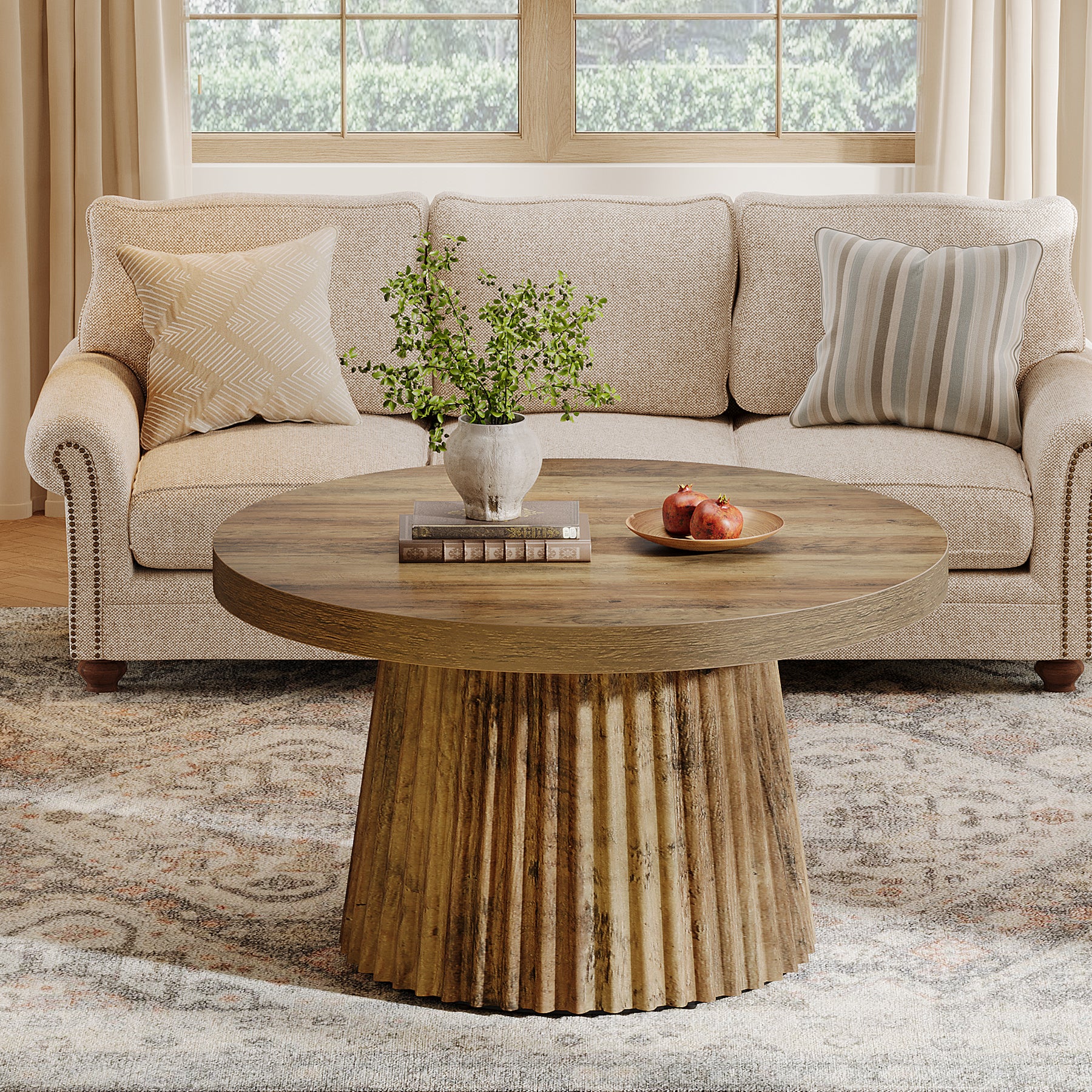 80 cm Ronde Landelijke Salontafel met Gegroefde Trommelvoet, Mid-Century Accent Tafel