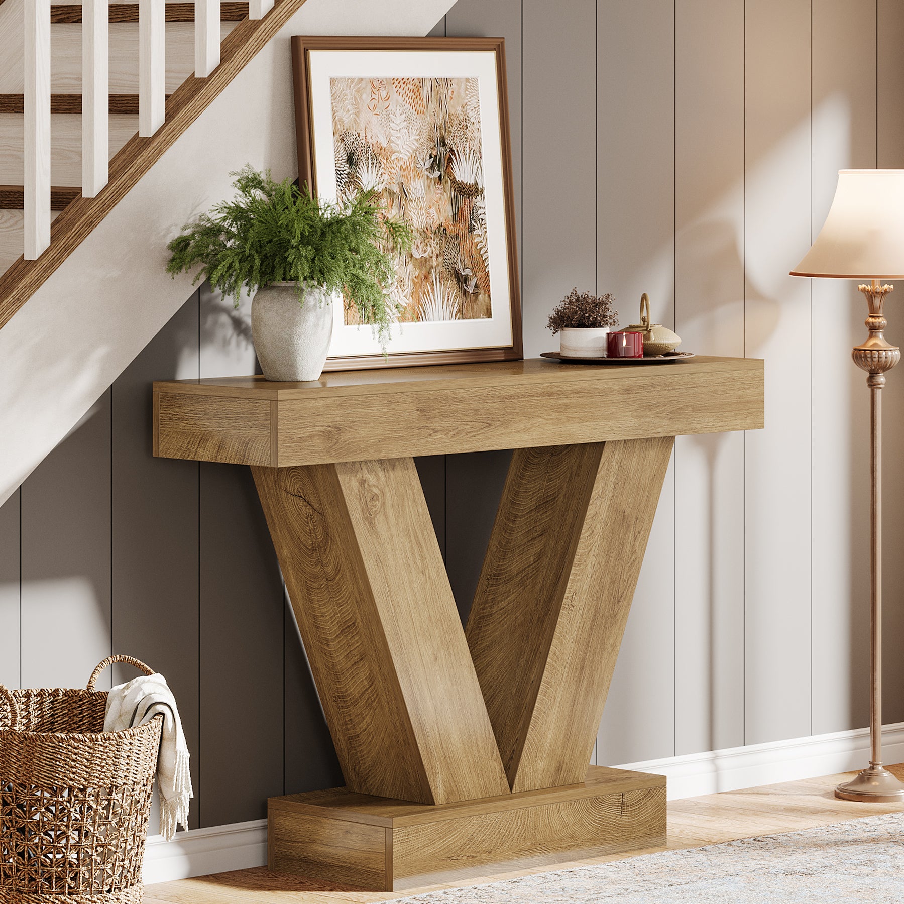 105 cm Consoletafel met V-vormige Poten, Smalle Haltafel voor Woonkamer en Entree in Bruin
