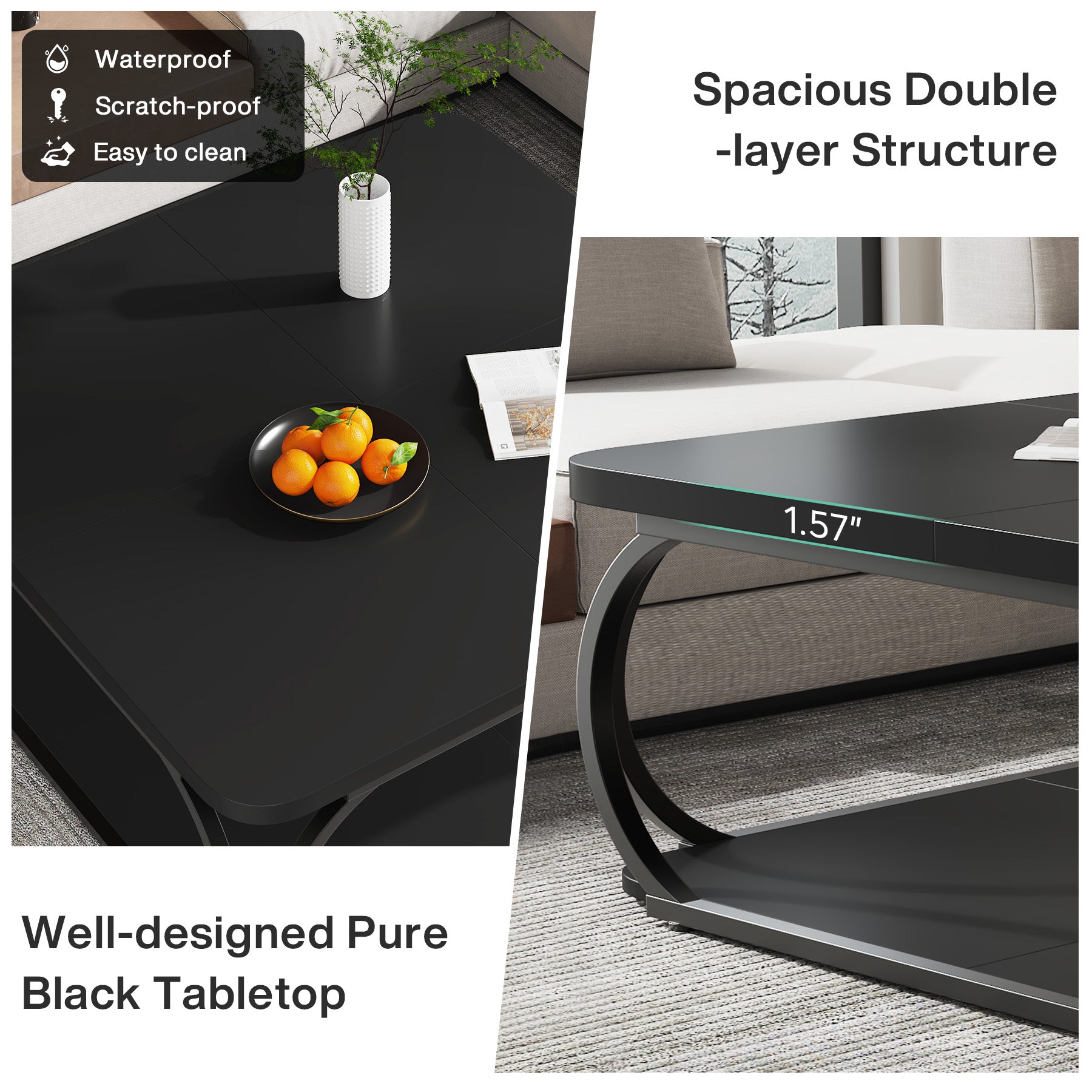 100 cm Vierkante Salontafel met Dubbele Planken, Landelijke Tafel met Metal Frame