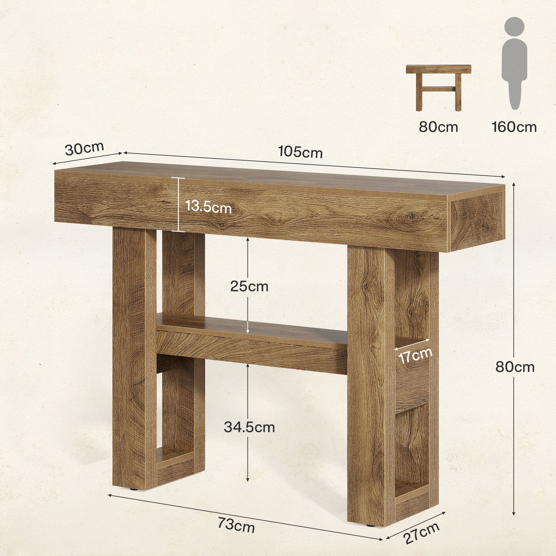 105 cm Smalle Consoletafel met 2 Niveaus, Rustieke Entreetafel voor Hal en Woonkamer