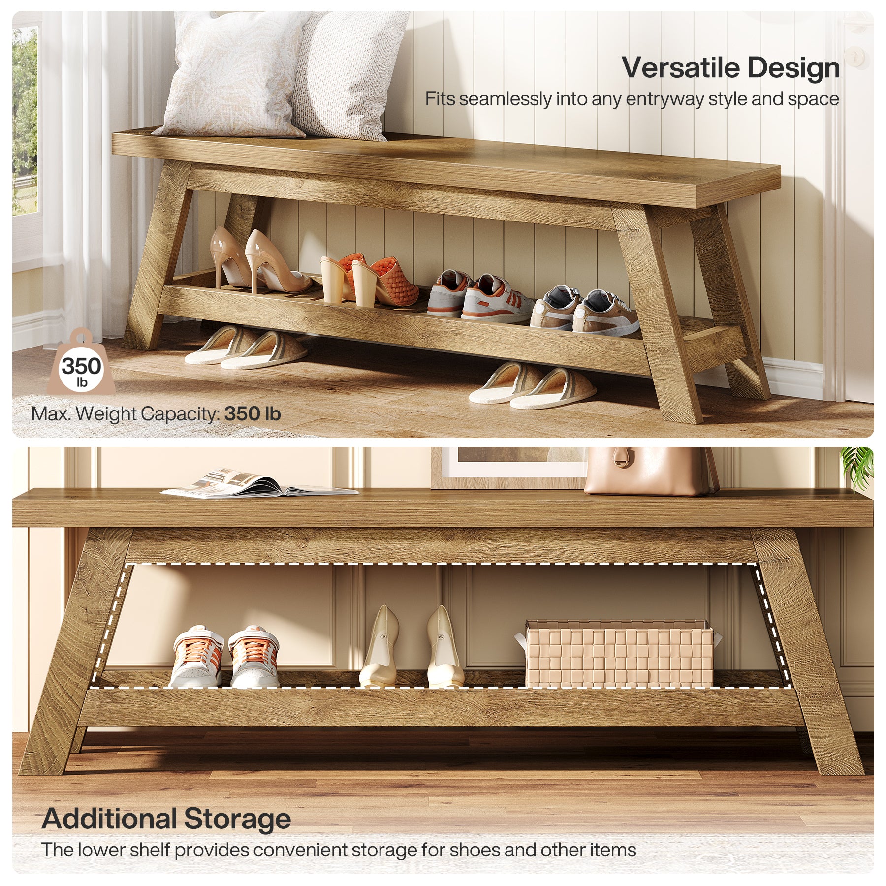 140 cm Houten Halbank met Opbergruimte, Smalle Schoenenbank met 2 Planken