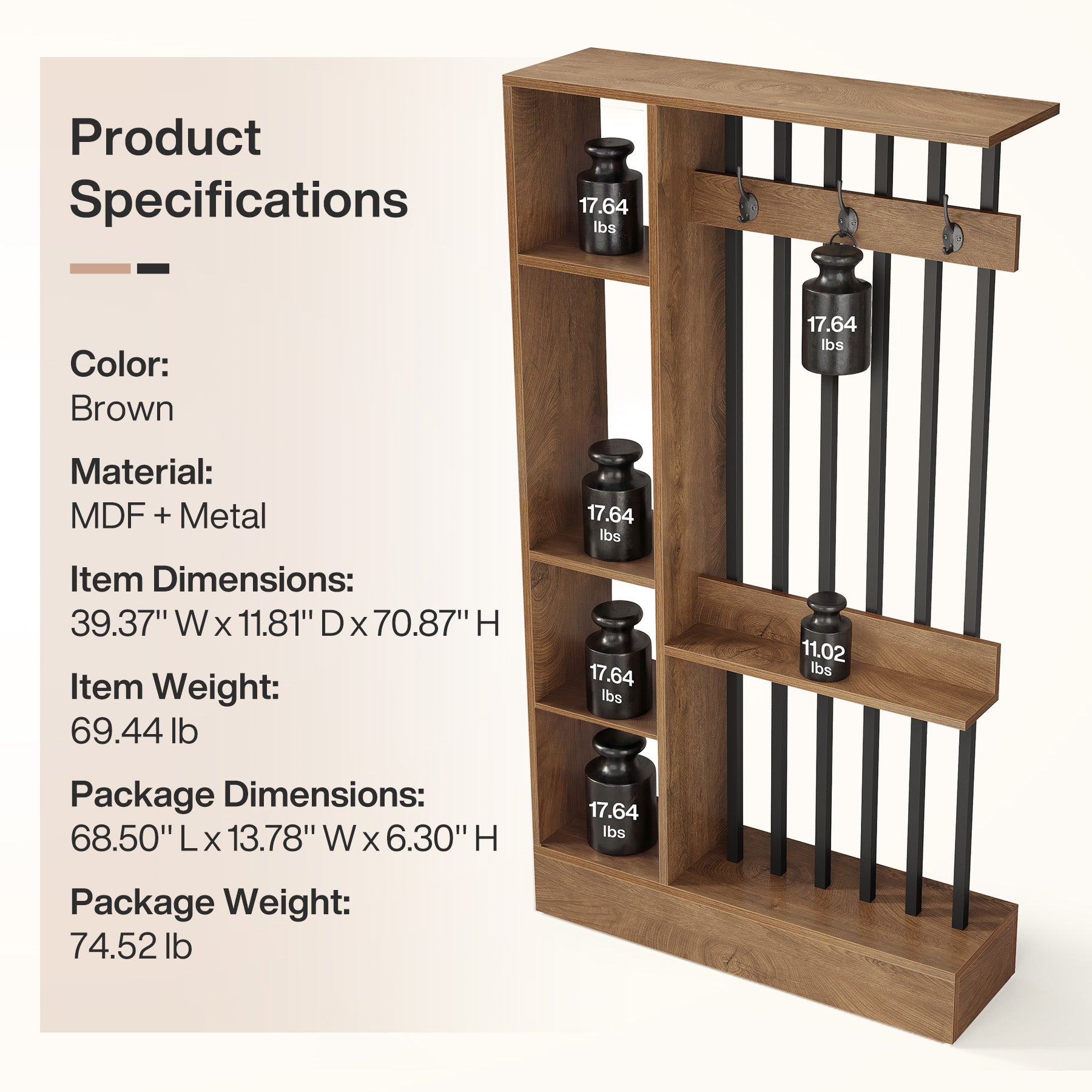 Tribesigns 180 cm Roomdivider Kast, Vrijstaande Scheidingswand met Haken
