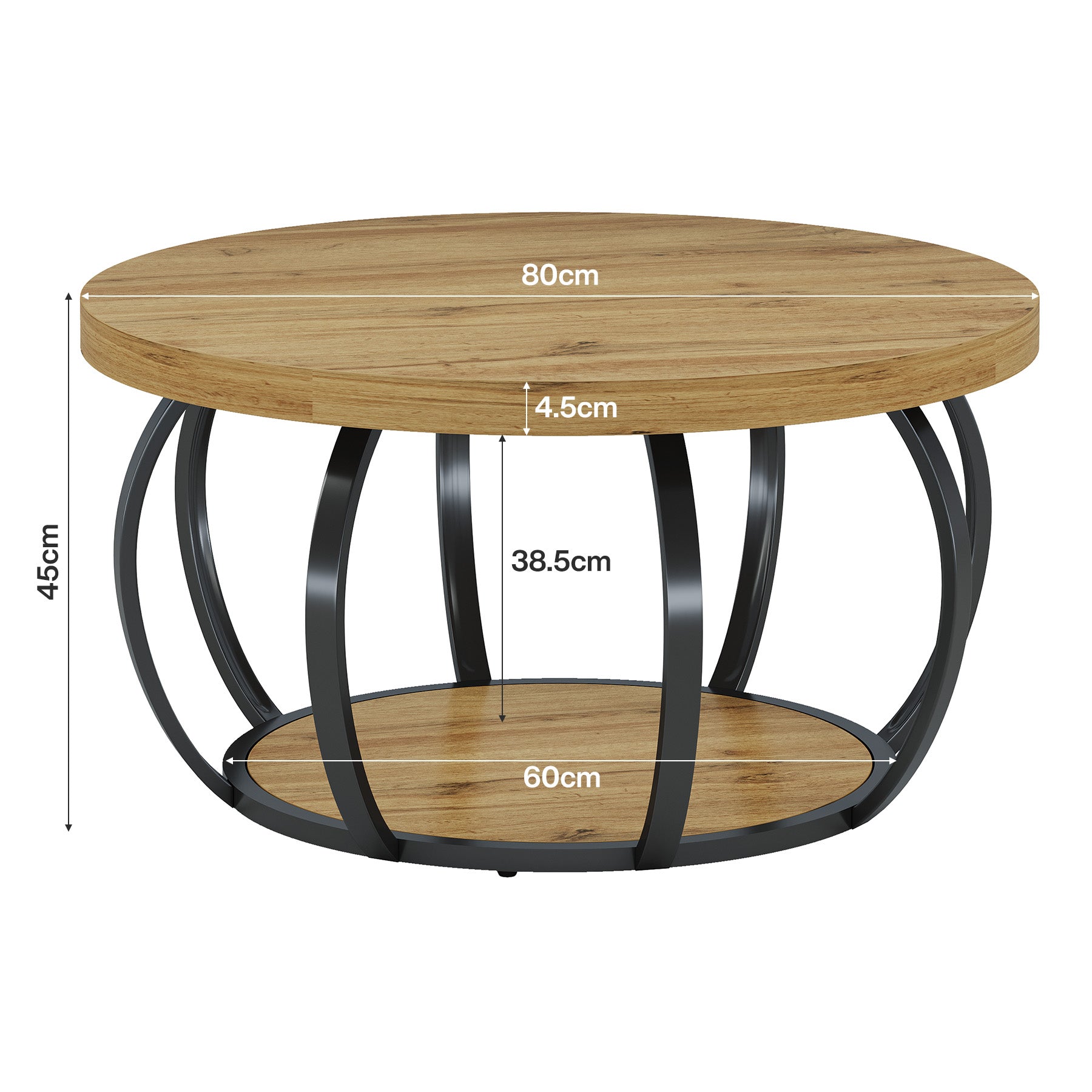 80 cm Ronde Salontafel, 2-Laags Landelijke Center Tafel met Hout en Zwart Metaal