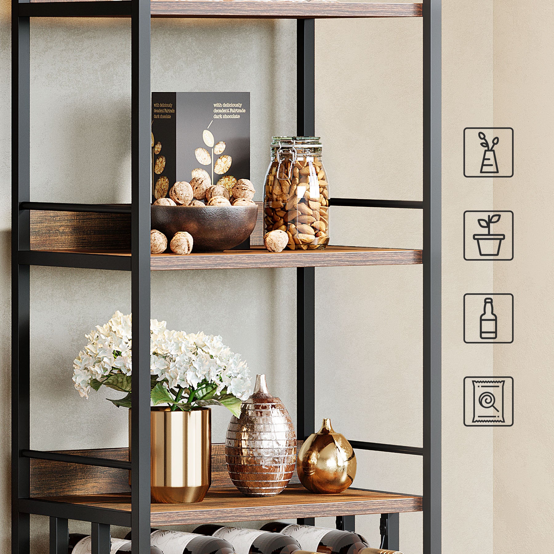 50 x 35 x 180 cm Wijnrek met Tafelblad en Glashouder, Industrieel Metaal in Vintage Bruin-Zwart