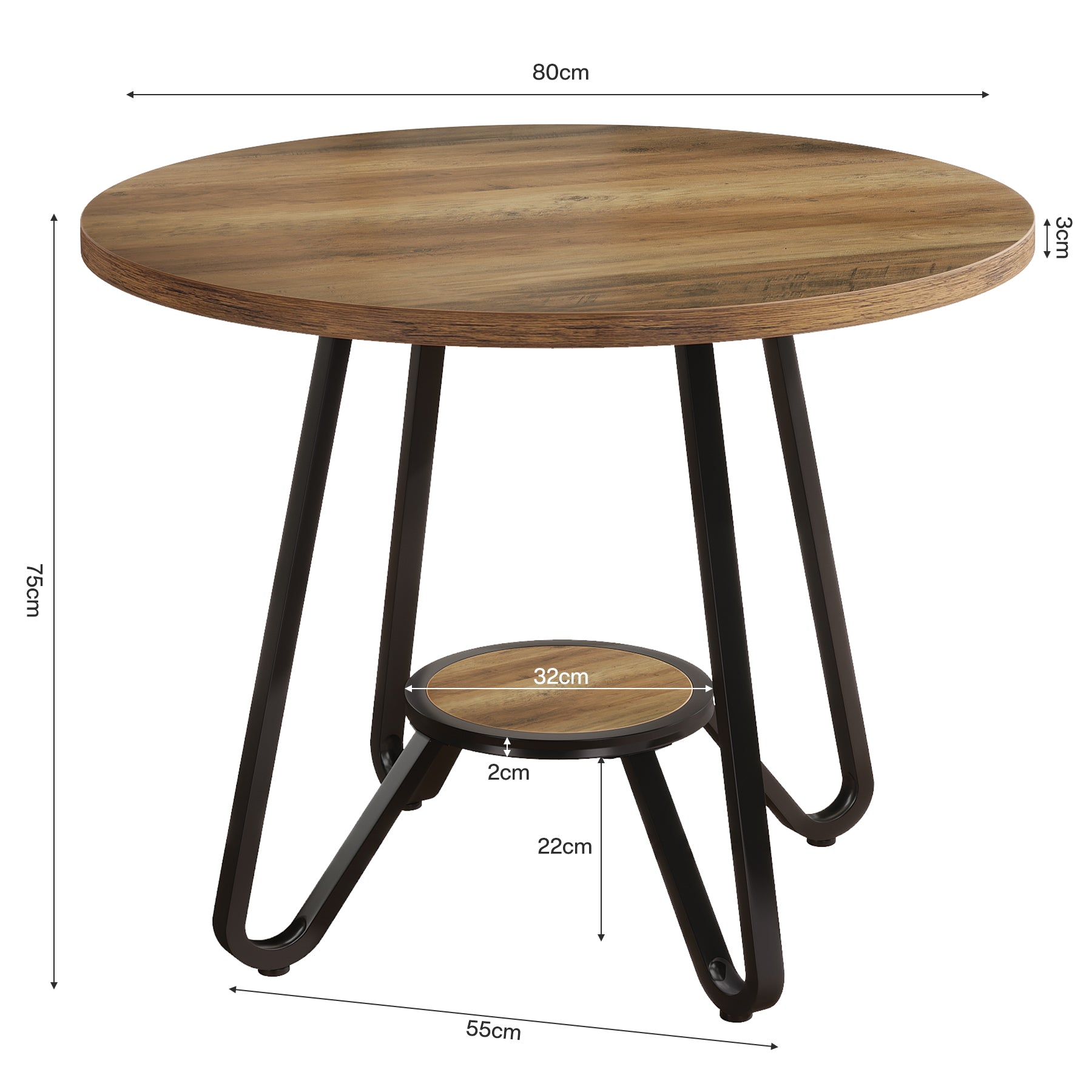 80 cm Ronde Eettafel met Dubbele Legplanken, Industriële Keukentafel voor 2 Personen