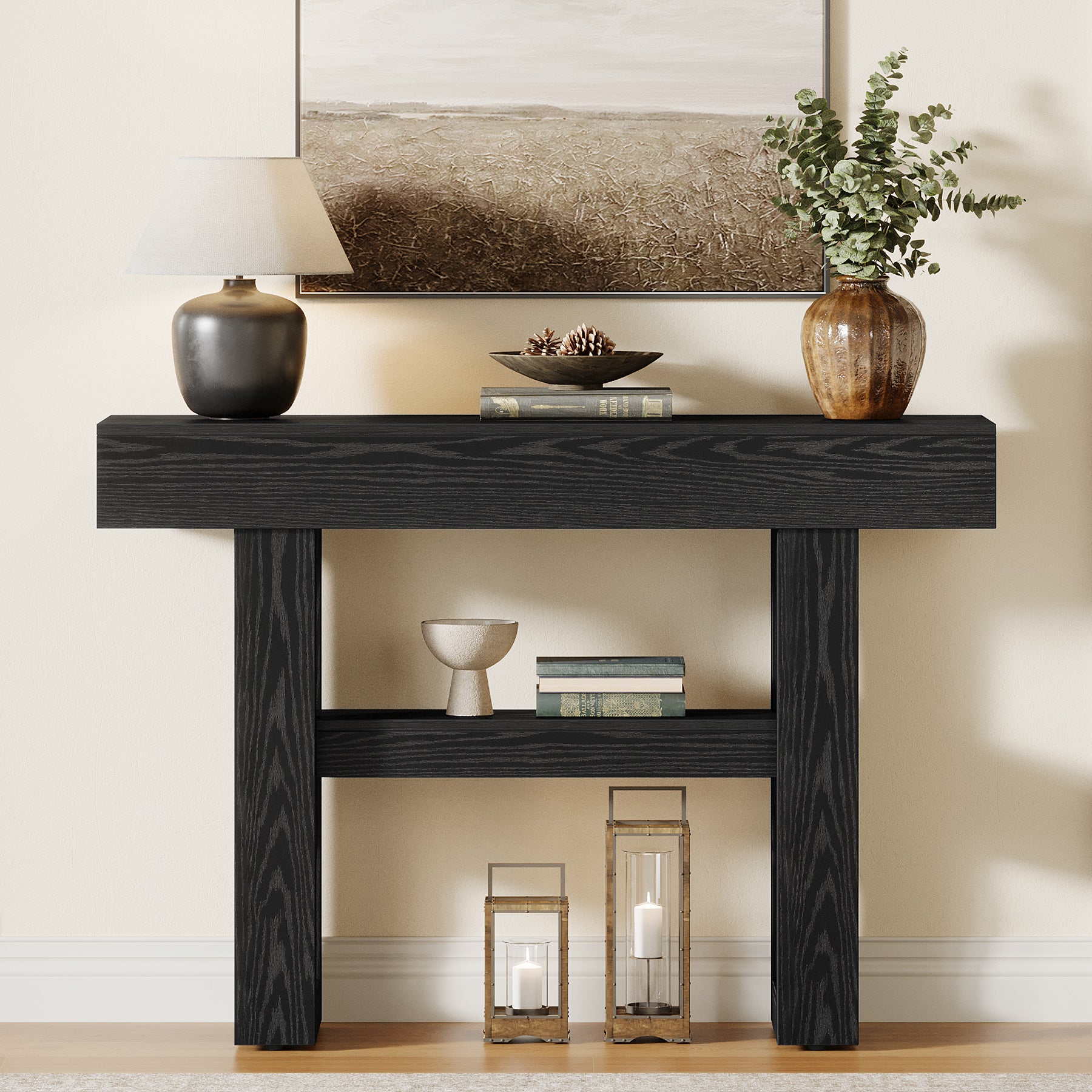 105 cm Smalle Consoletafel met 2 Niveaus, Rustieke Entreetafel voor Hal en Woonkamer