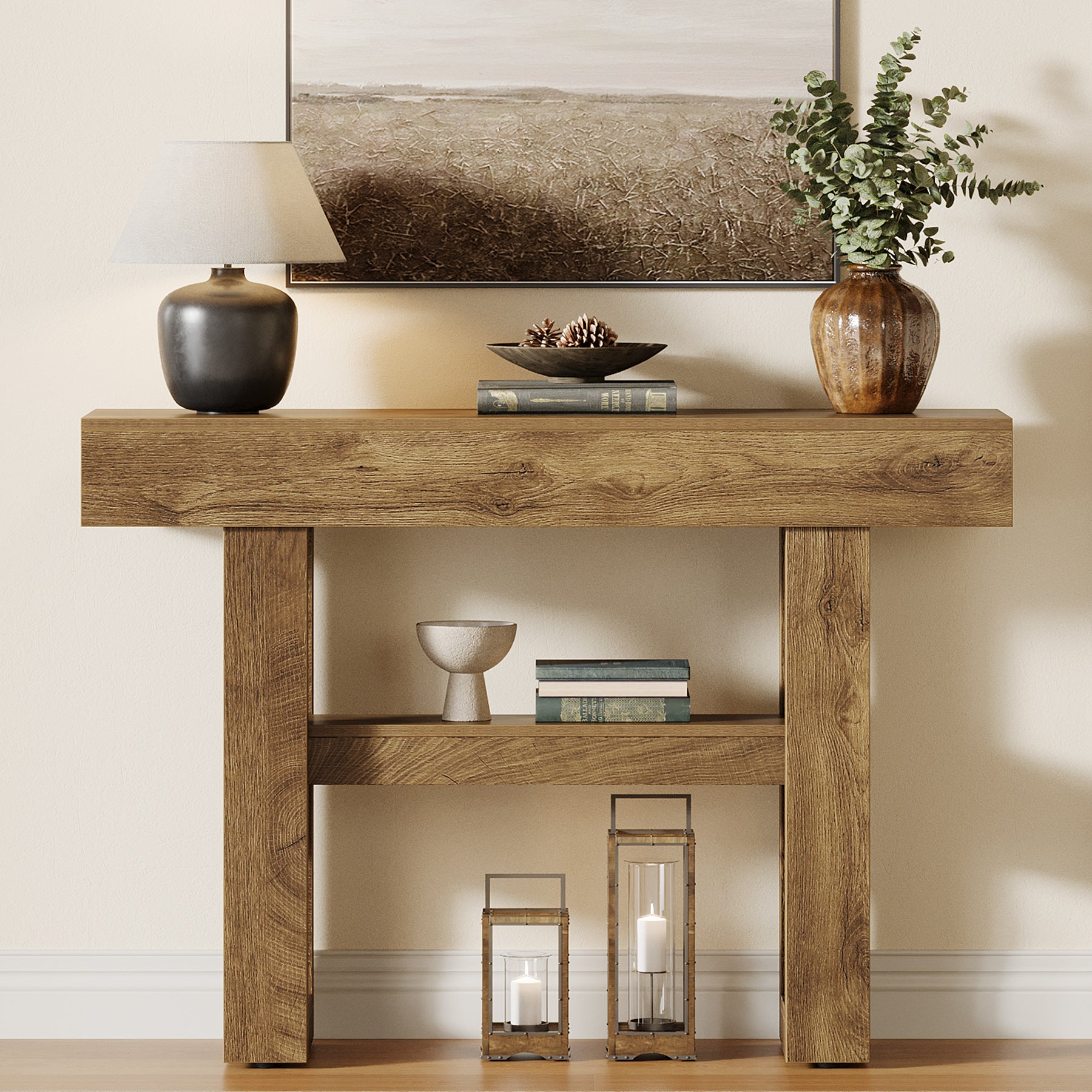 105 cm Smalle Consoletafel met 2 Niveaus, Rustieke Entreetafel voor Hal en Woonkamer