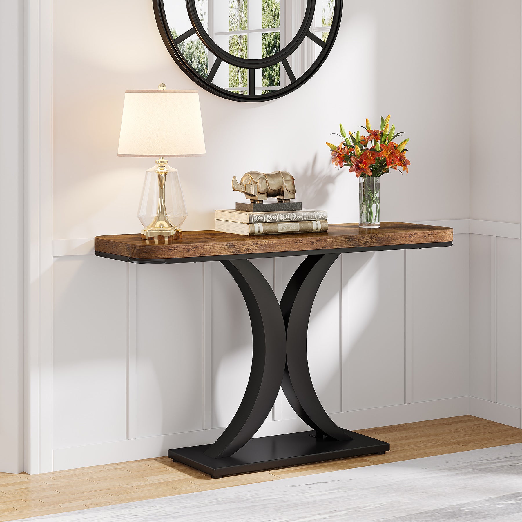 100 cm Industriële Consoletafel, Smalle Haltafel met Geometrische Basis voor Entree