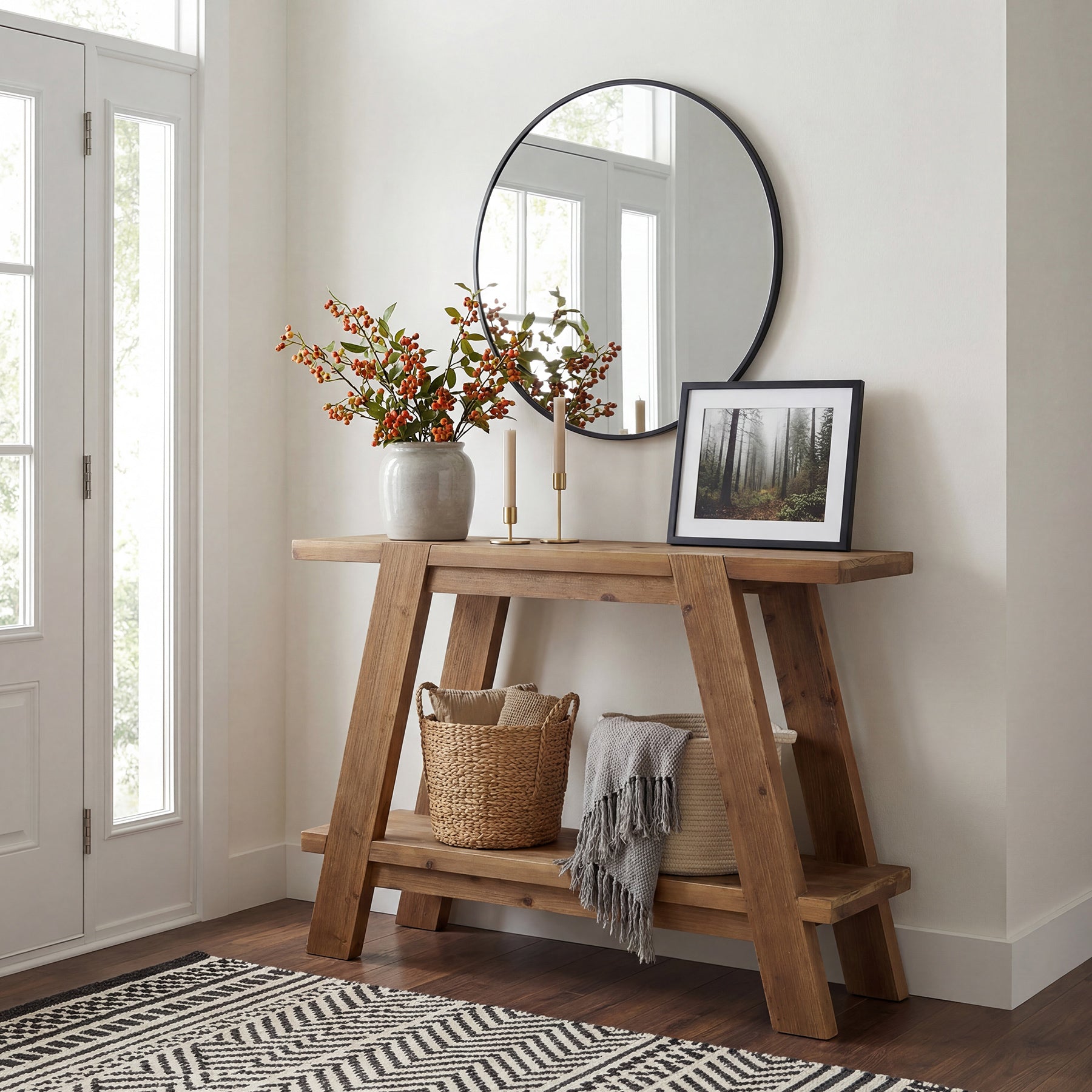 110 cm Massief Houten Consoletafel met 2 Planken, Smalle Haltafel in Landelijke Stijl Bruin