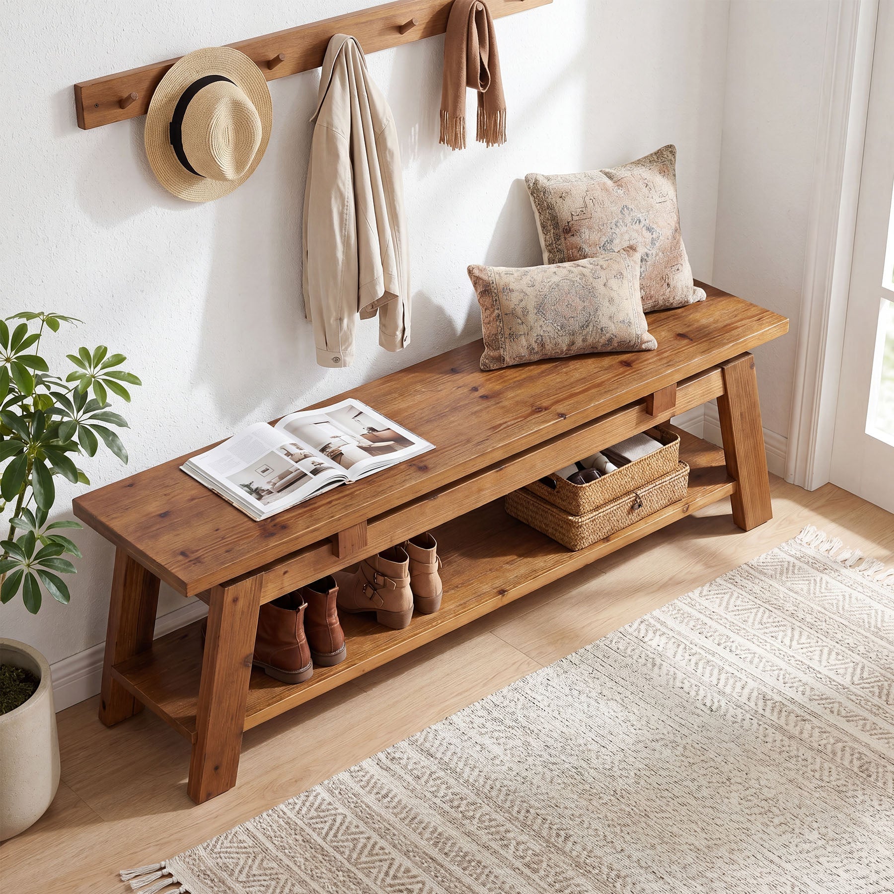 Tribesigns massief houten zitbank 140 cm met schoenenplank, houten bank voor entree en slaapkamer