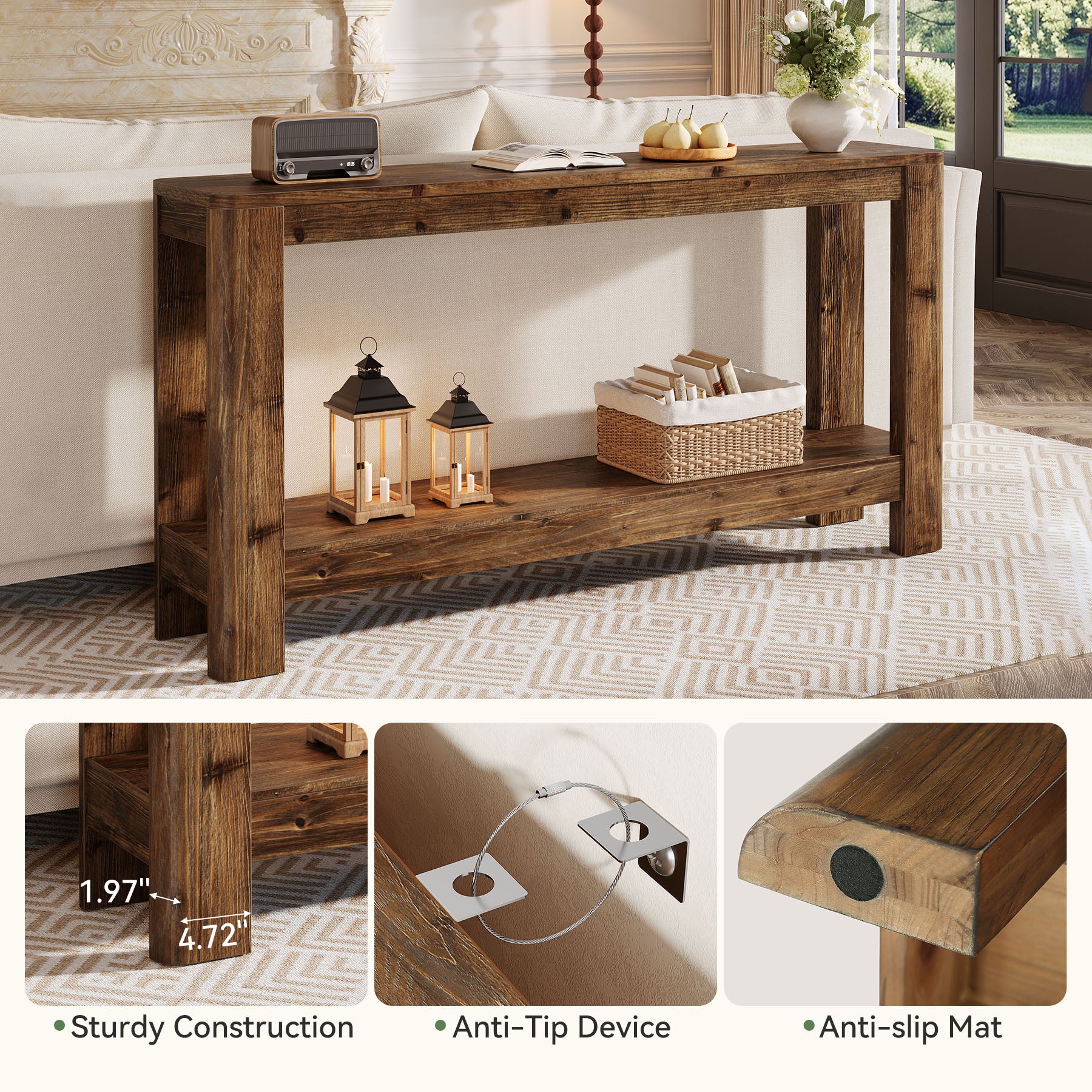 160 cm Massief Houten Consoletafel, Smalle Farmhouse Sidetable met Rek