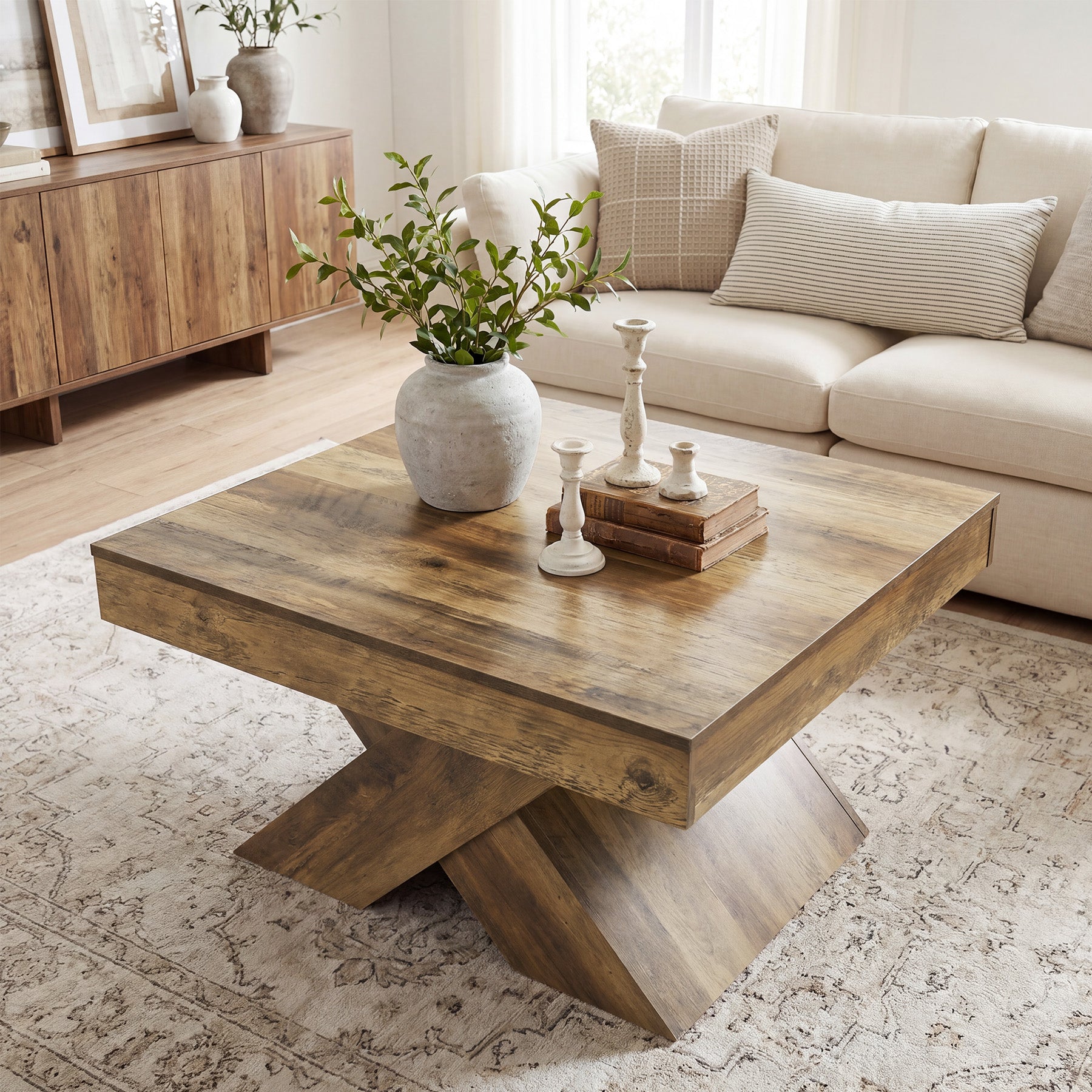 80 x 80 cm Tribesigns Vierkante Salontafel, Houten Farmhouse Tafel met X-Kruis Onderstel voor Woonkamer en Kleine Ruimtes
