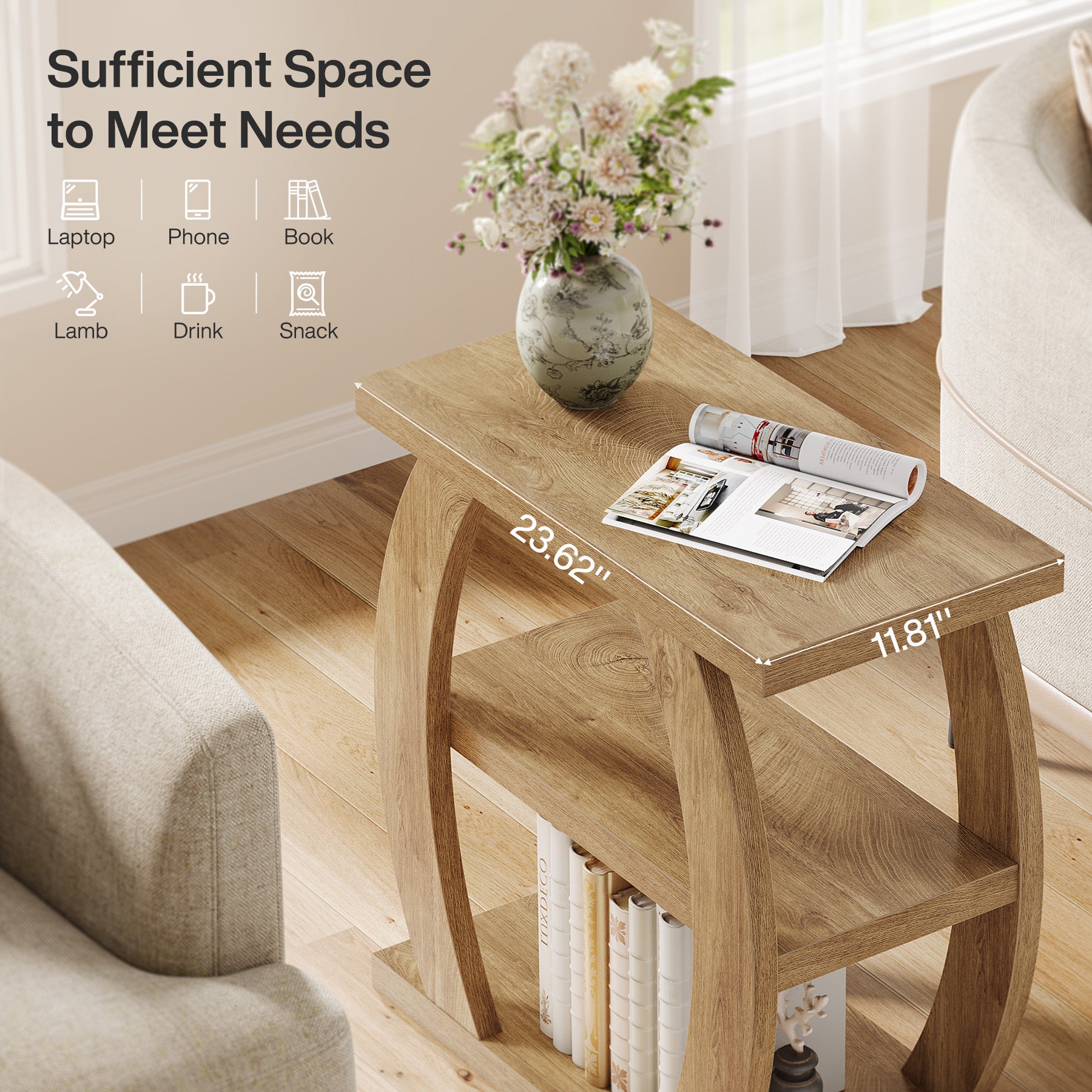 60 cm Hoge Bijzettafel voor Woonkamer, 3-Tier Smalle Tafel met Opbergruimte
