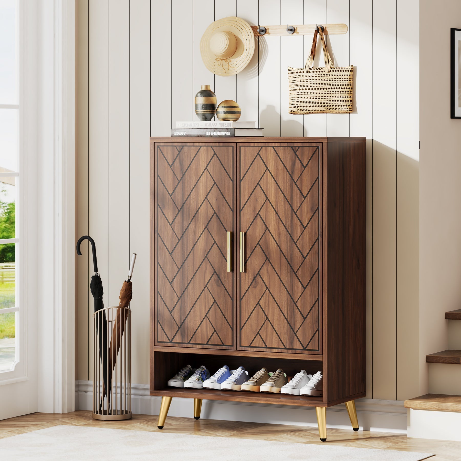 110 cm Schoenenkast met Deuren, Notenhouten Opbergmeubel met Zes Planken voor Hal en Slaapkamer