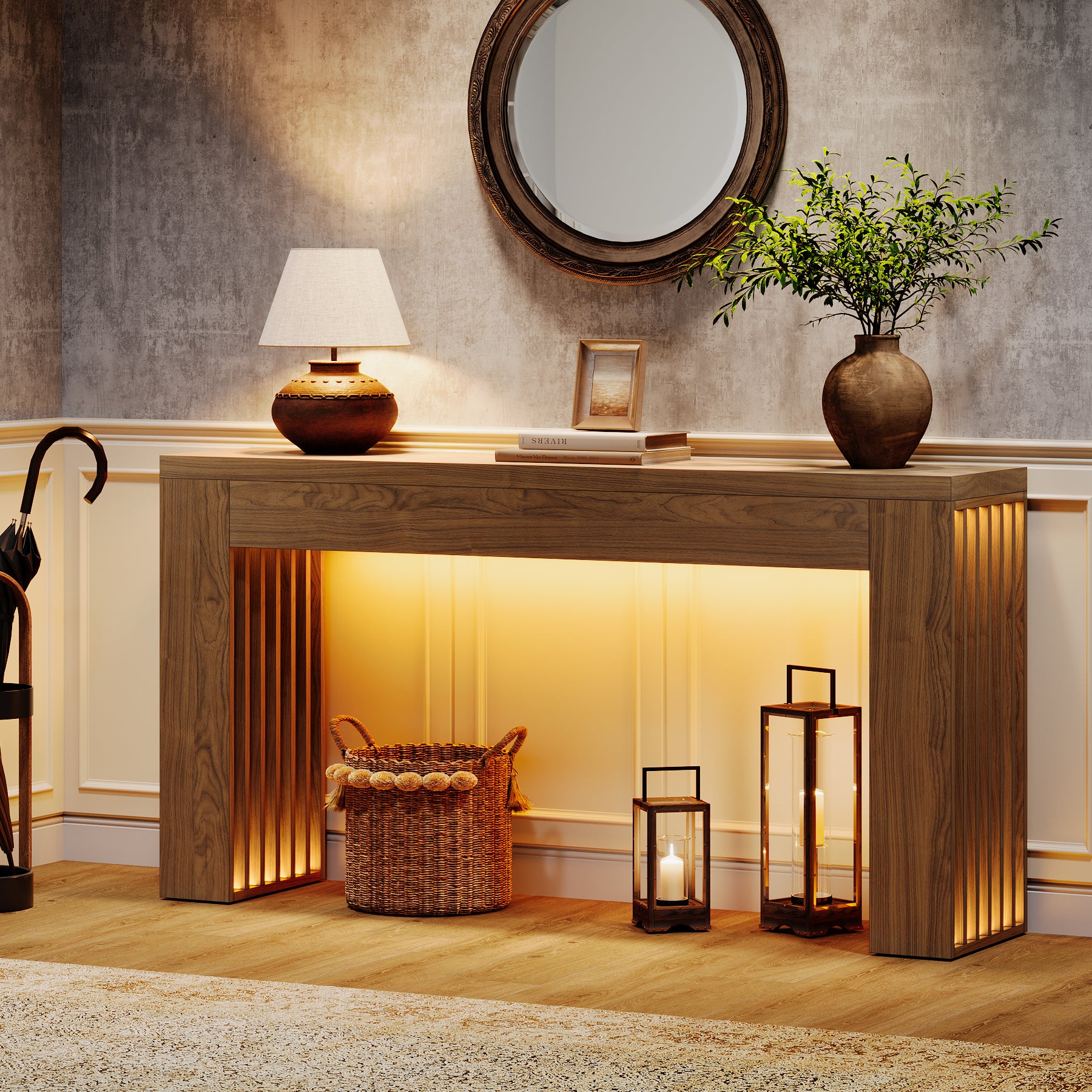 150 cm Lange Houten Salontafel achter de Bank, Consoletafel met Verticale Lattenpoten