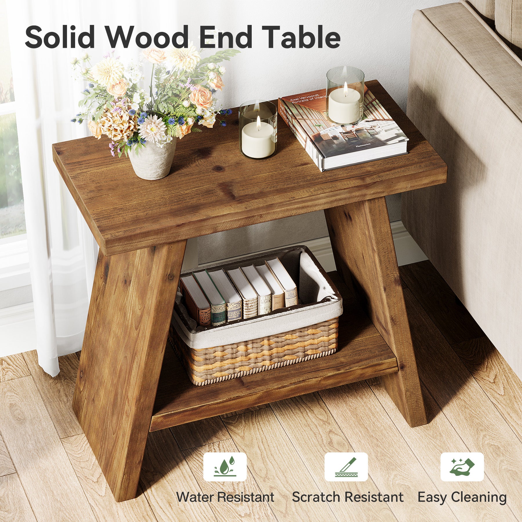 60 x 30 cm Tribesigns smalle bijzettafel van massief hout met 2-laagse opbergruimte