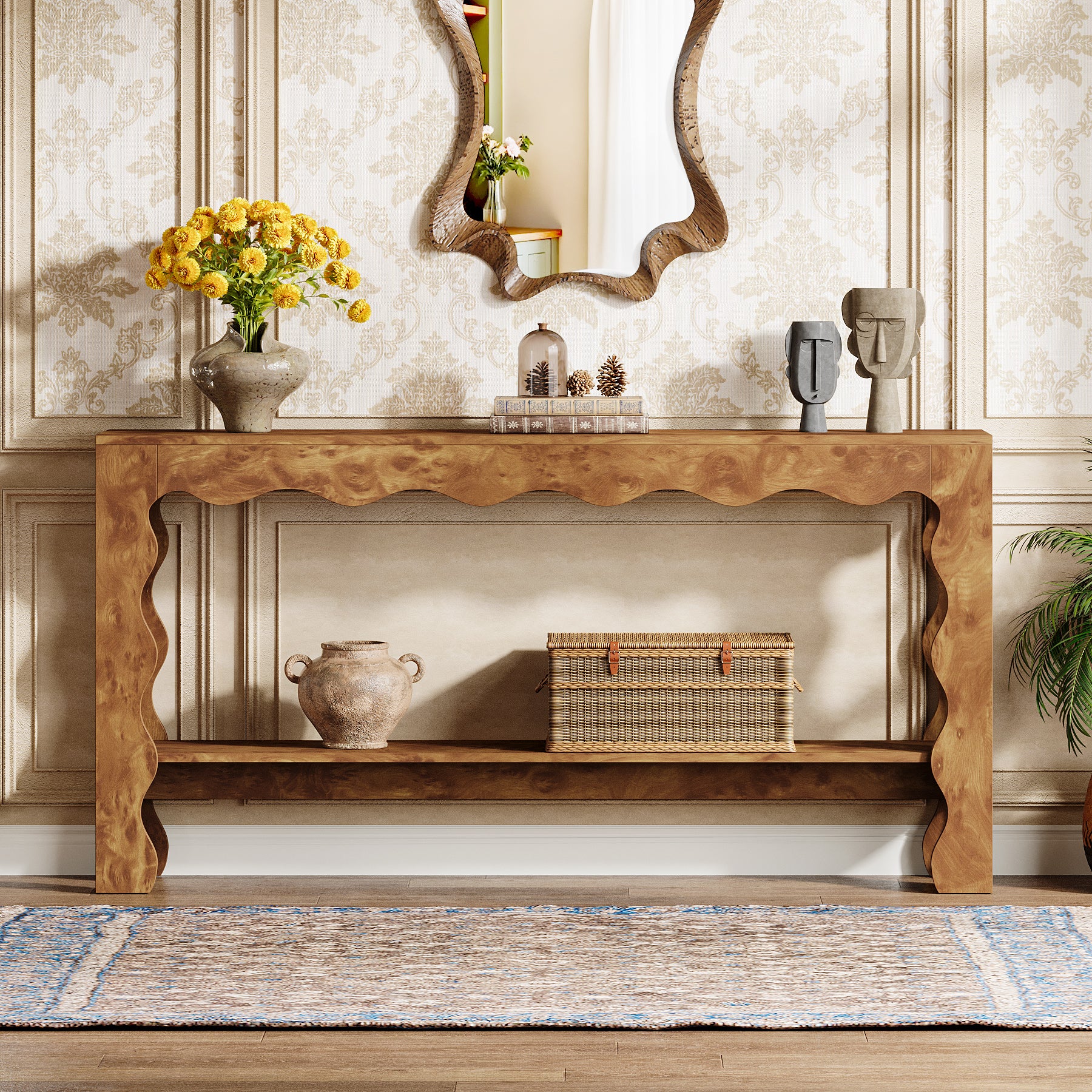160 cm Moderne Landelijke Consoletafel met Golfrand, Smalle Haltafel met Opberdschap voor Woonkamer en Entree