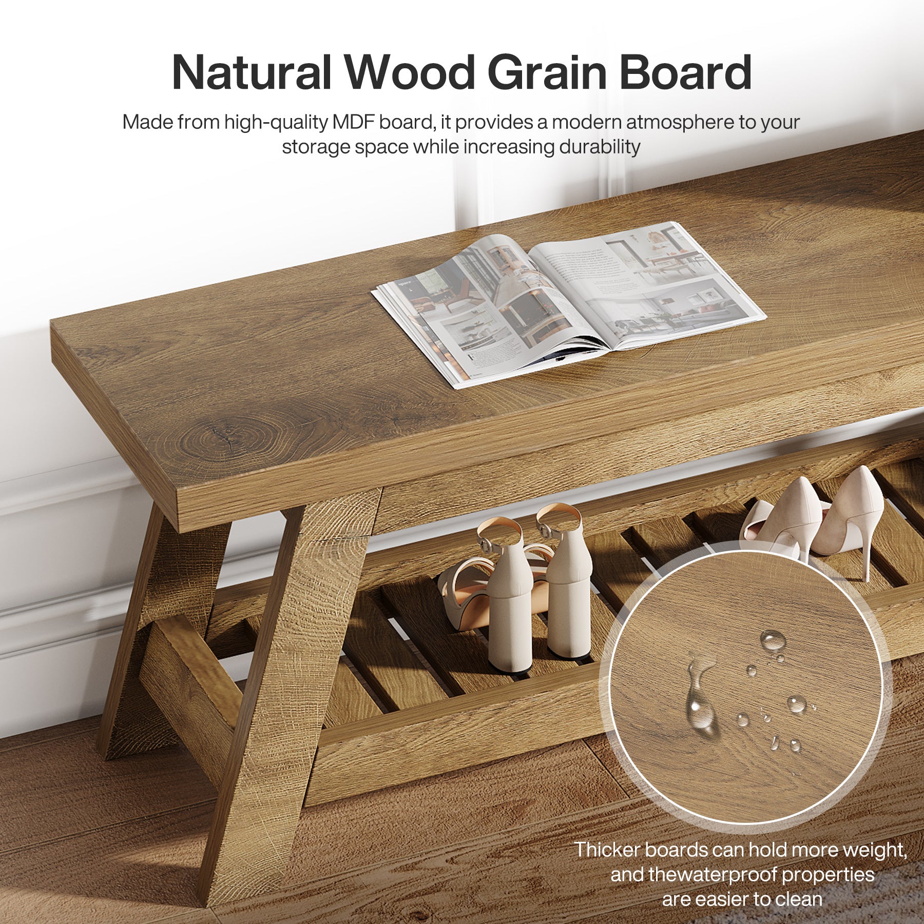 140 cm Houten Halbank met Opbergruimte, Smalle Schoenenbank met 2 Planken