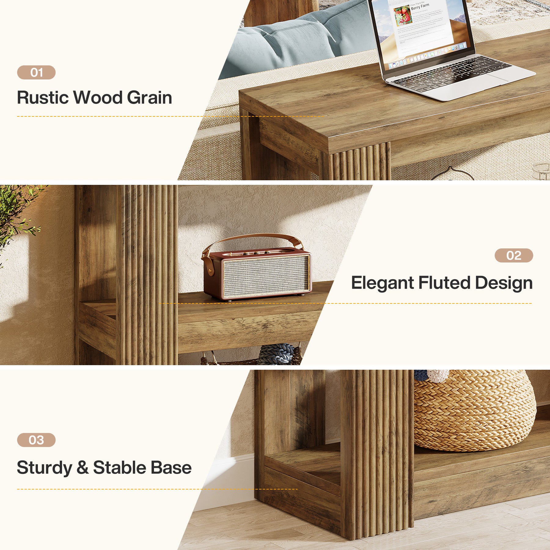 105 cm Landelijke Consoletafel met 3 Planken, Smalle Banktafel