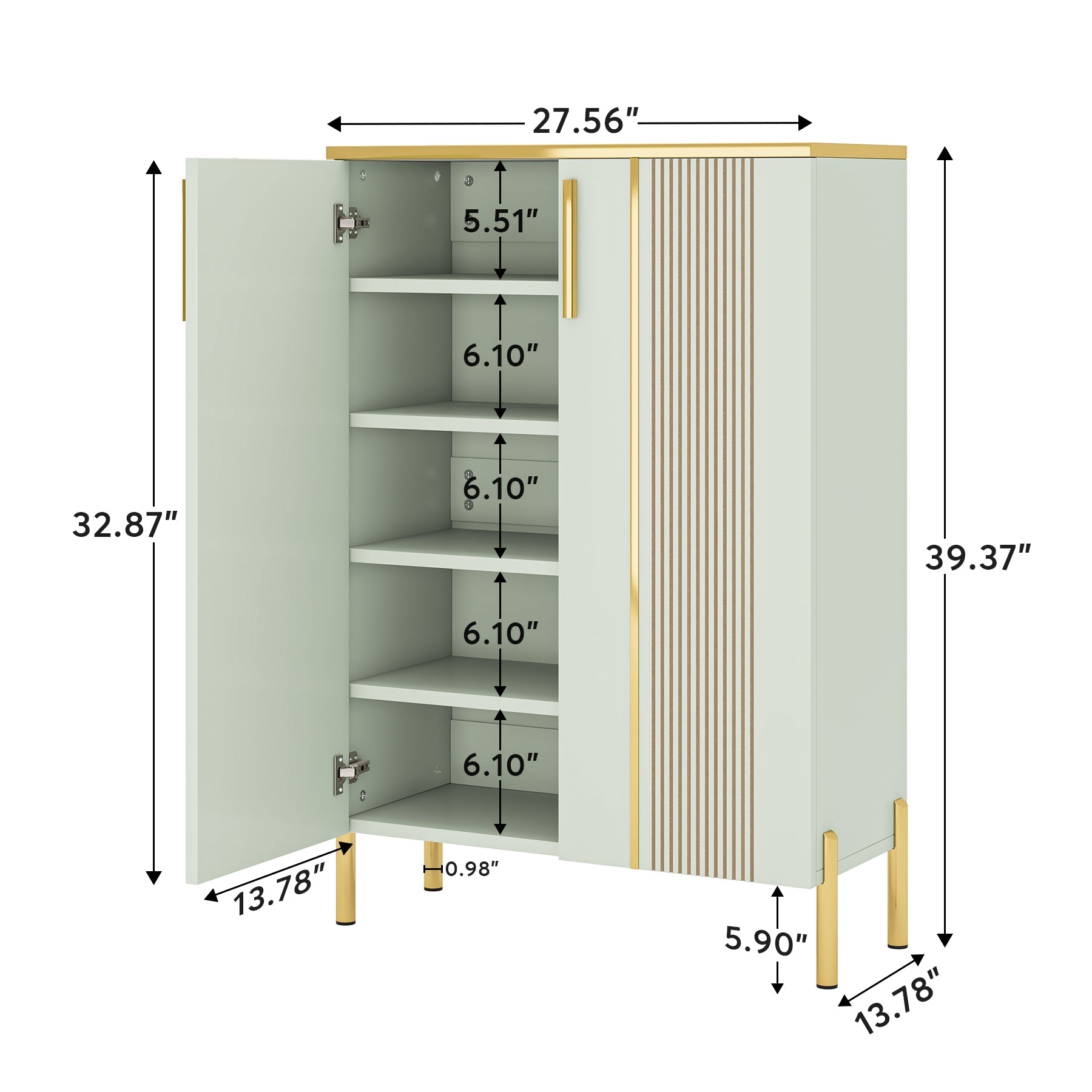 120 cm Hoge Schoenenkast, Witte Opbergmeubel met Zes Planken en Gouden Accenten