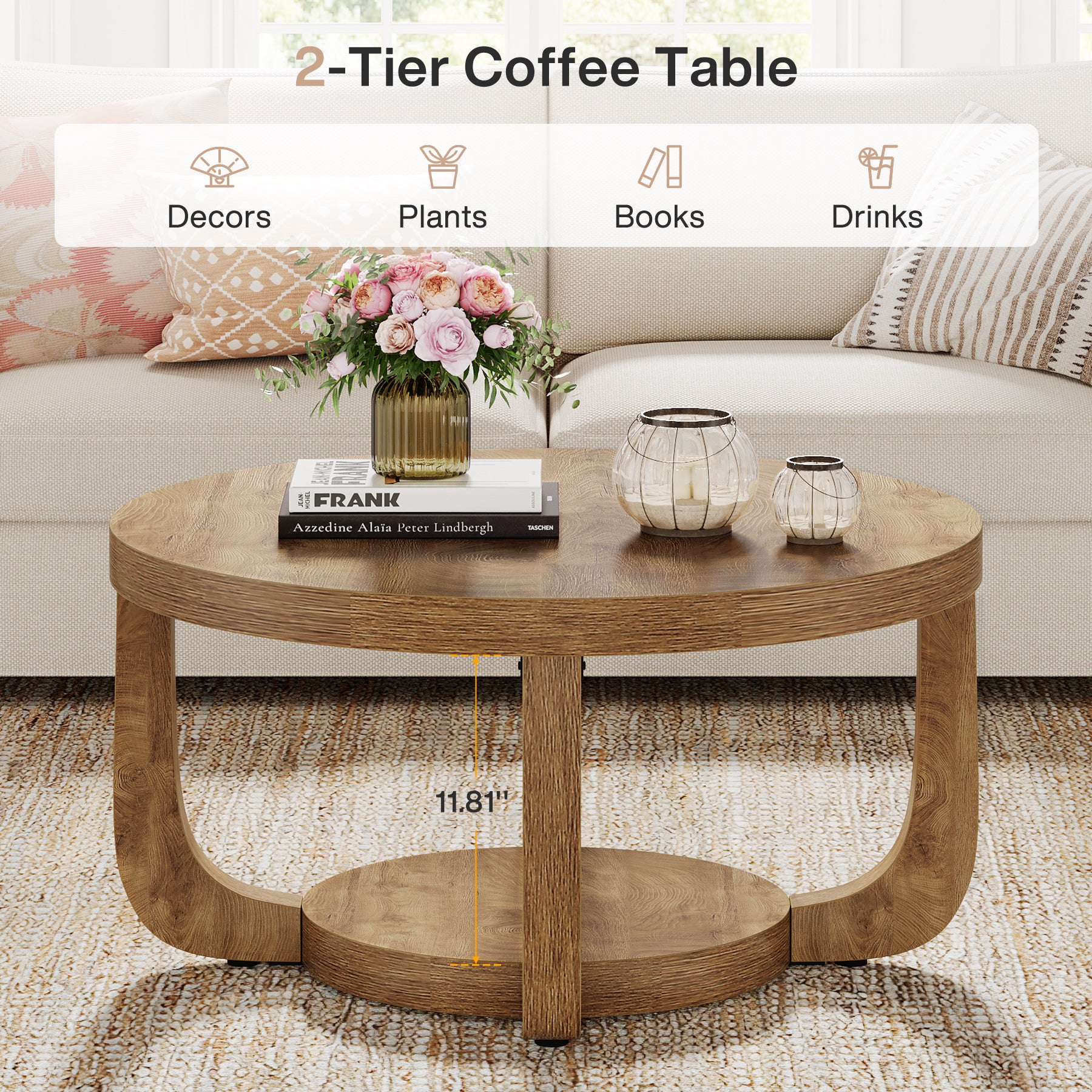 Ronde Salontafel van 80 cm met 2 Lagen en Opbergruimte, Moderne Houten Accenttafel in Rustiek Bruin voor Woonkamer