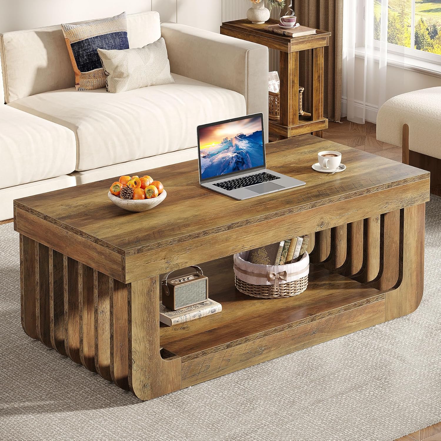 120 cm Salontafel met Opbergplank, Landelijk Bruin Woonkamermeubilair voor Huis en Kantoor