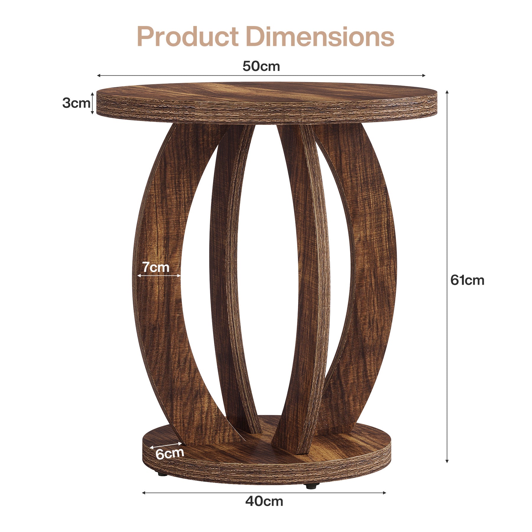 60 cm Compacte ronde bijzettafel met opbergruimte, landelijk tafeltje voor kleine ruimtes