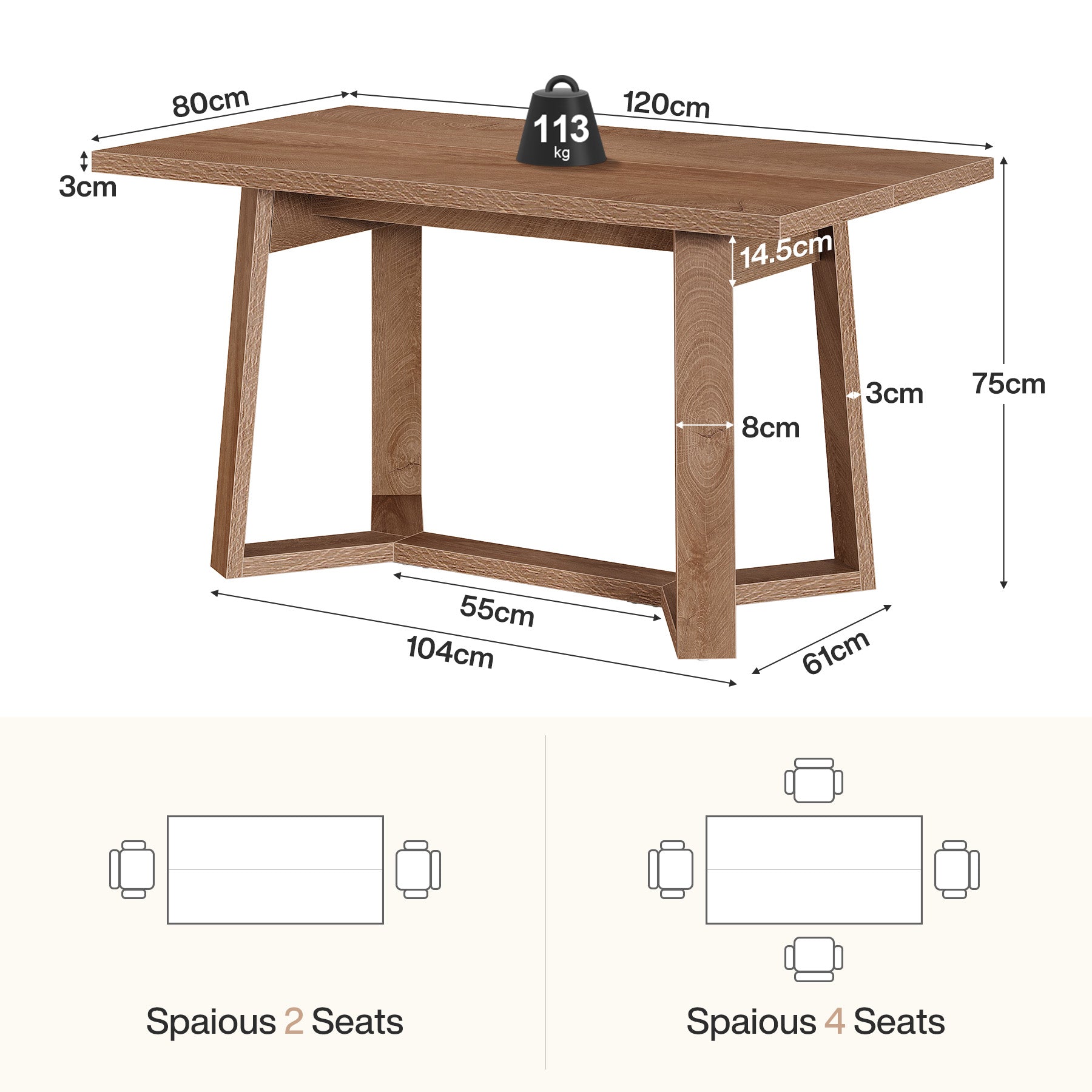 Eettafel van 120 cm in landhuisstijl voor 4 personen, houten keukentafel in bruin