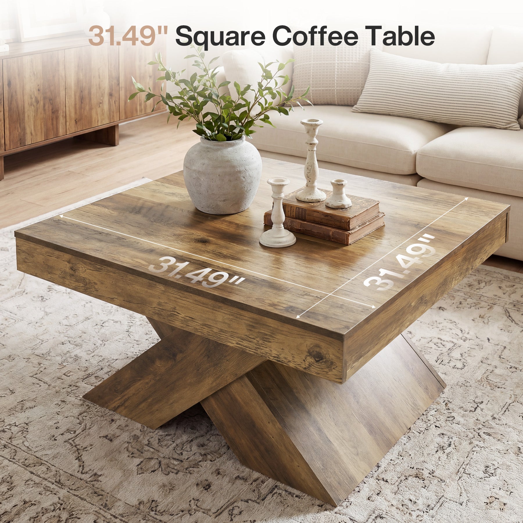 80 x 80 cm Tribesigns Vierkante Salontafel, Houten Farmhouse Tafel met X-Kruis Onderstel voor Woonkamer en Kleine Ruimtes