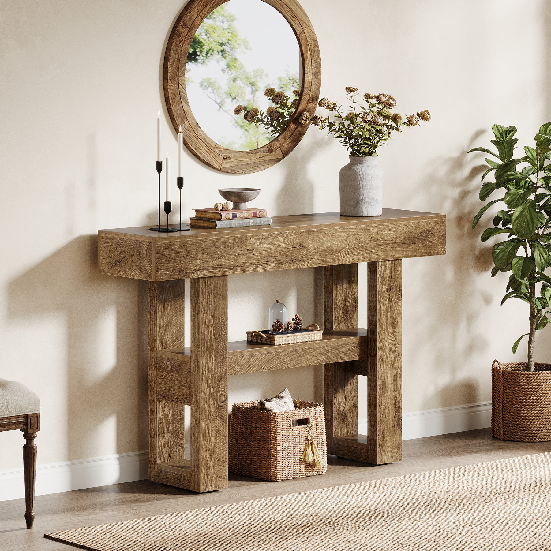 105 cm Smalle Consoletafel met 2 Niveaus, Rustieke Entreetafel voor Hal en Woonkamer