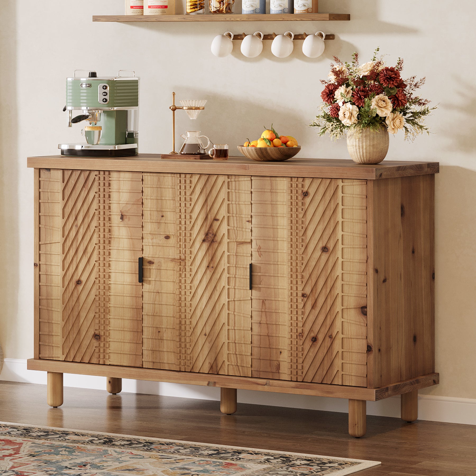 121 x 40 x 80 cm Tribesigns massief houten dressoir met 3 deuren en verstelbare planken, landelijke buffetkast voor keuken eetkamer en entree