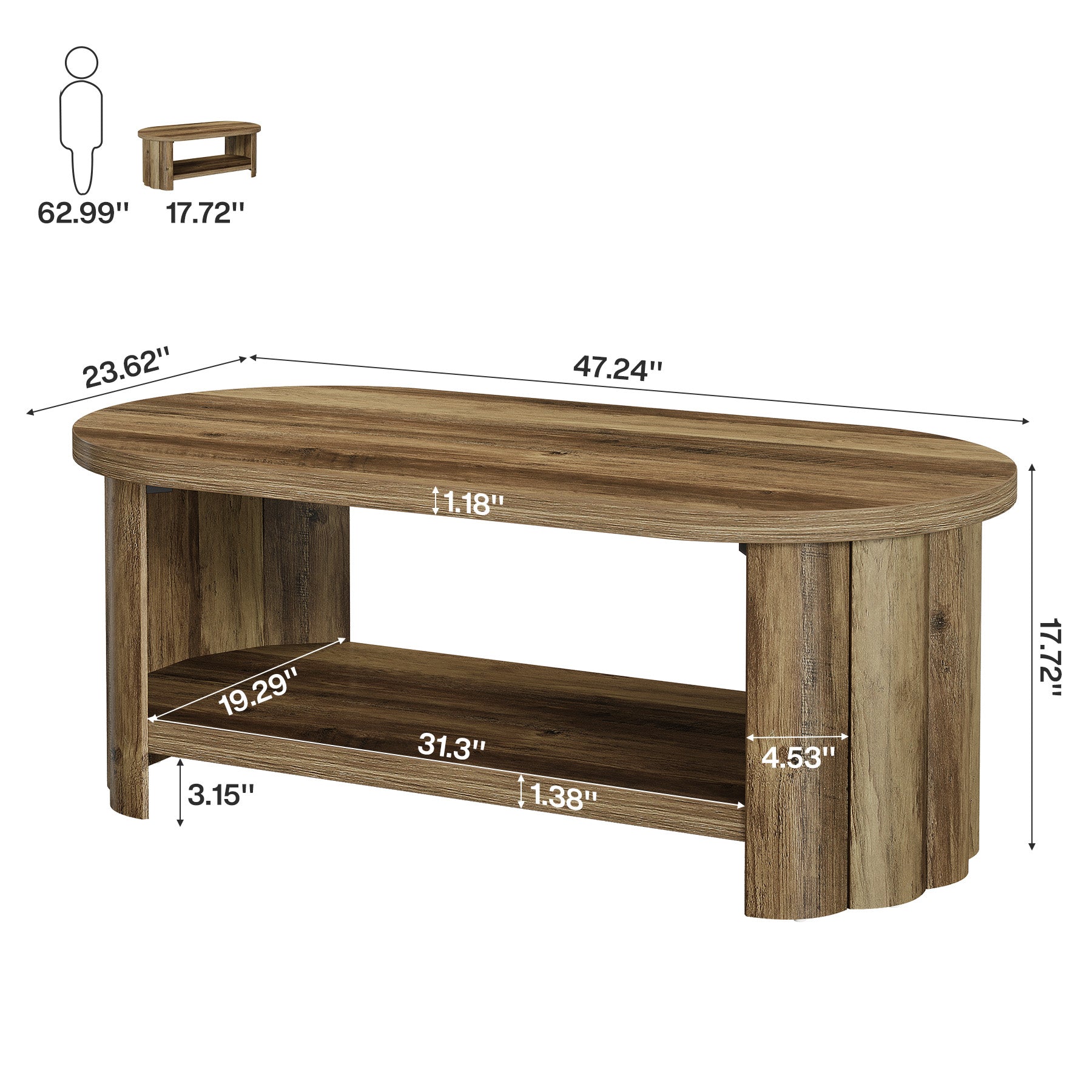 120 cm ovale salontafel, 2-laags accenttafel met opbergplank voor in de woonkamer