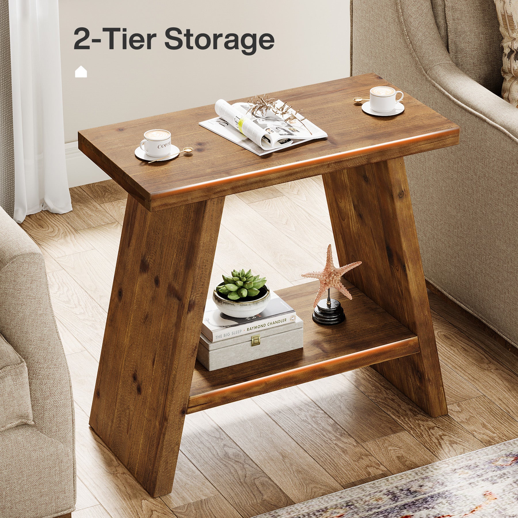 60 x 30 cm Tribesigns smalle bijzettafel van massief hout met 2-laagse opbergruimte