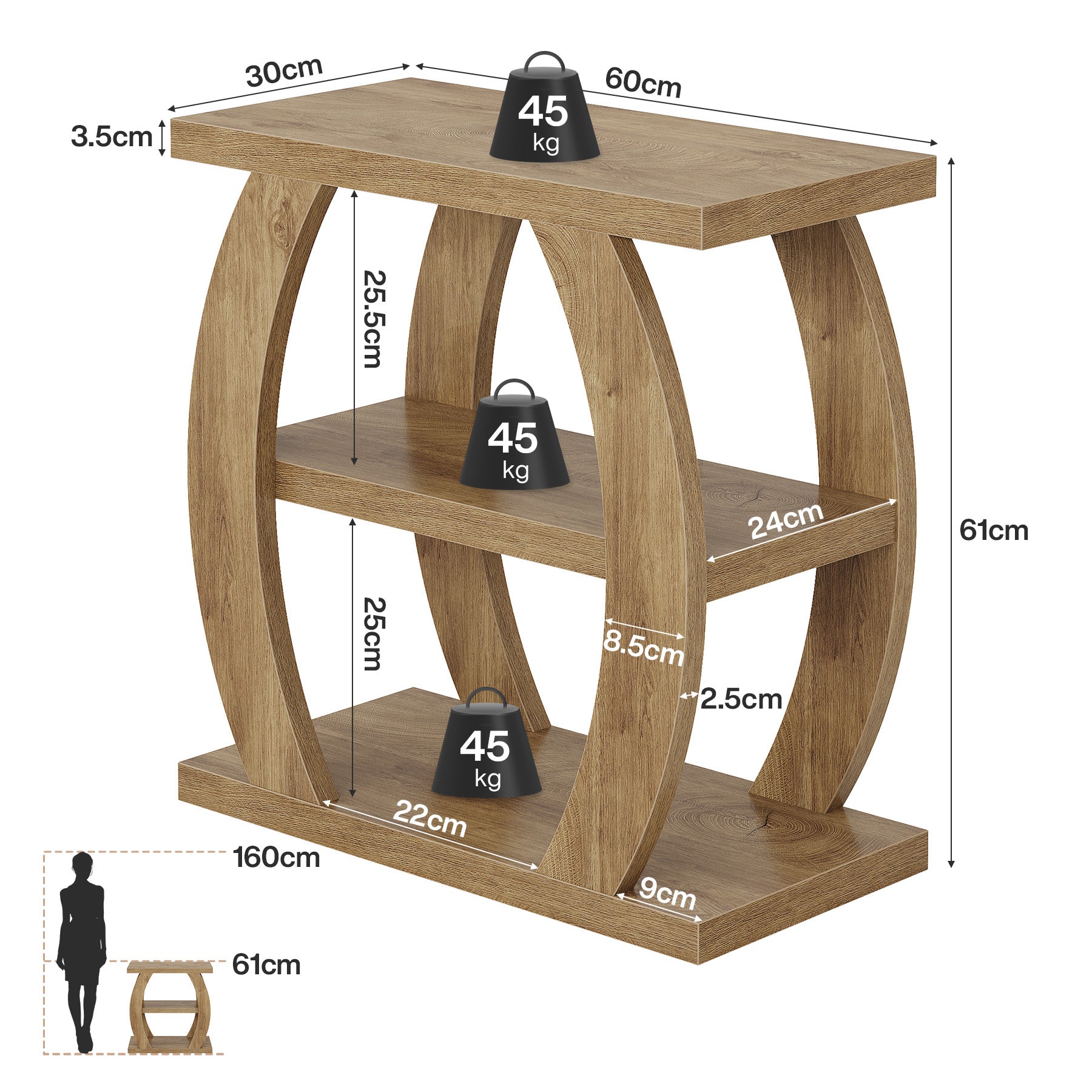 60 cm Hoge Bijzettafel voor Woonkamer, 3-Tier Smalle Tafel met Opbergruimte