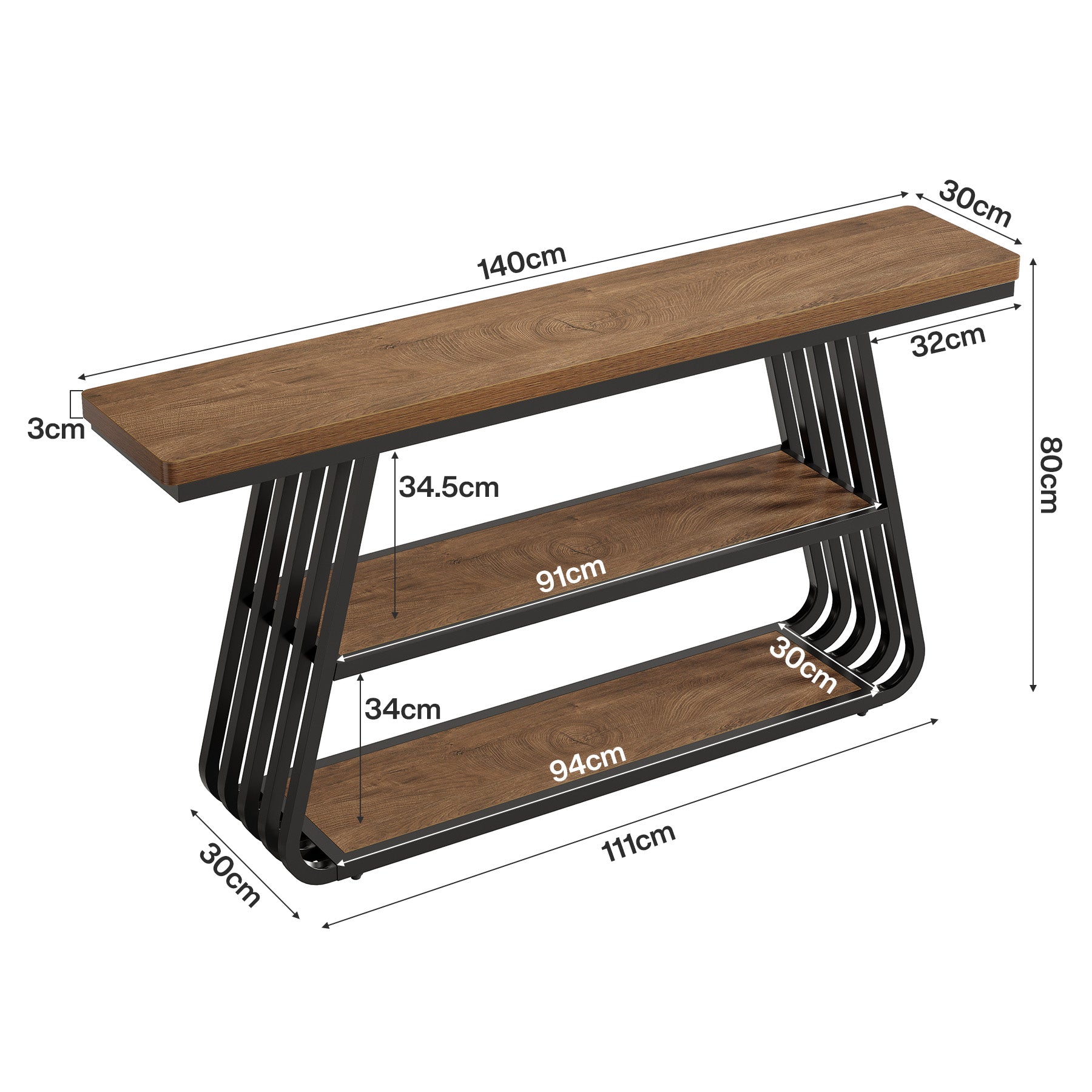 140 cm Console Tafel, 3-laags Sofa Tafel met IJzeren Frame voor de Woonkamer