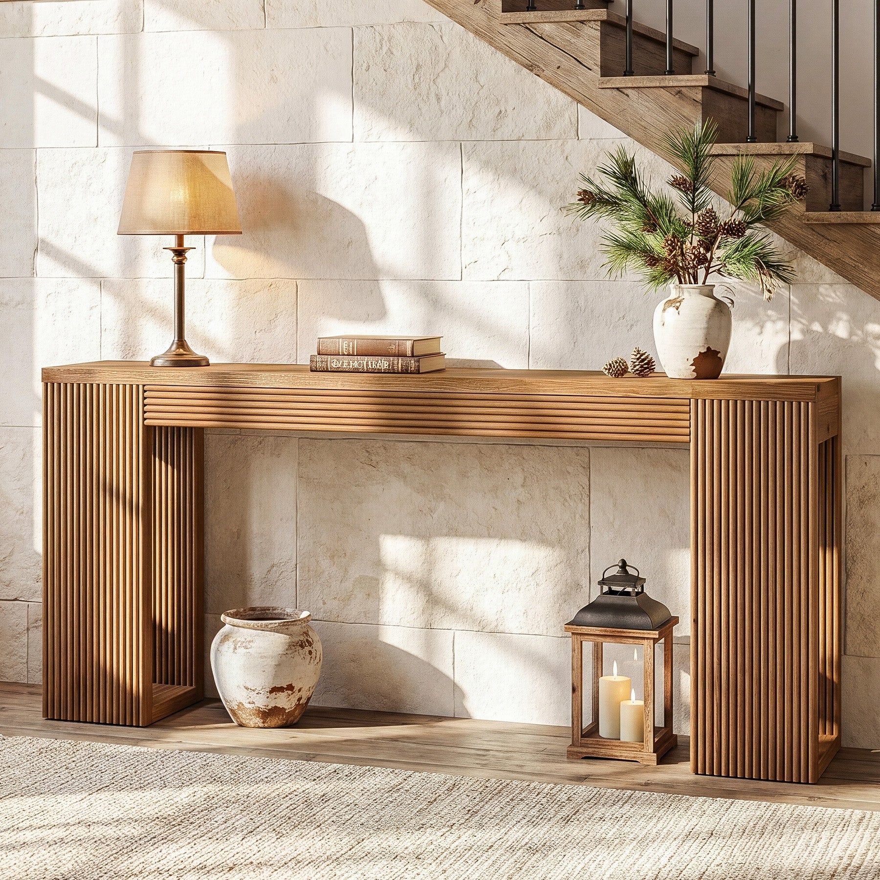 Tribesigns 160 cm Massief Houten Consoletafel, Smalle Haltafel met Geribbelde Poten