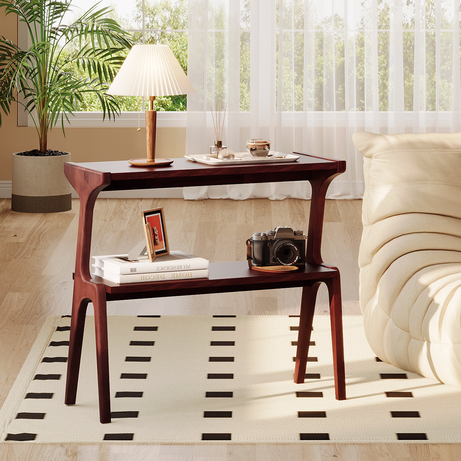 70 cm Tribesigns Bijzettafel van Massief Hout, Smalle 2-Laagse Tafel met Legplanken