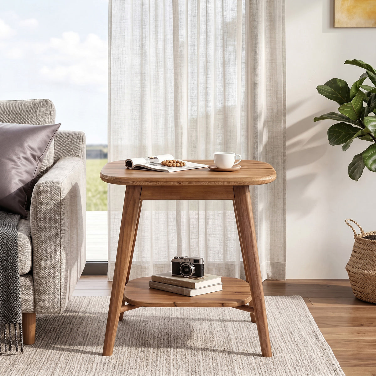 60 cm Tribesigns massief houten bijzettafel met 2 opbergniveaus, rustiekbruine ovale tafel voor woonkamer