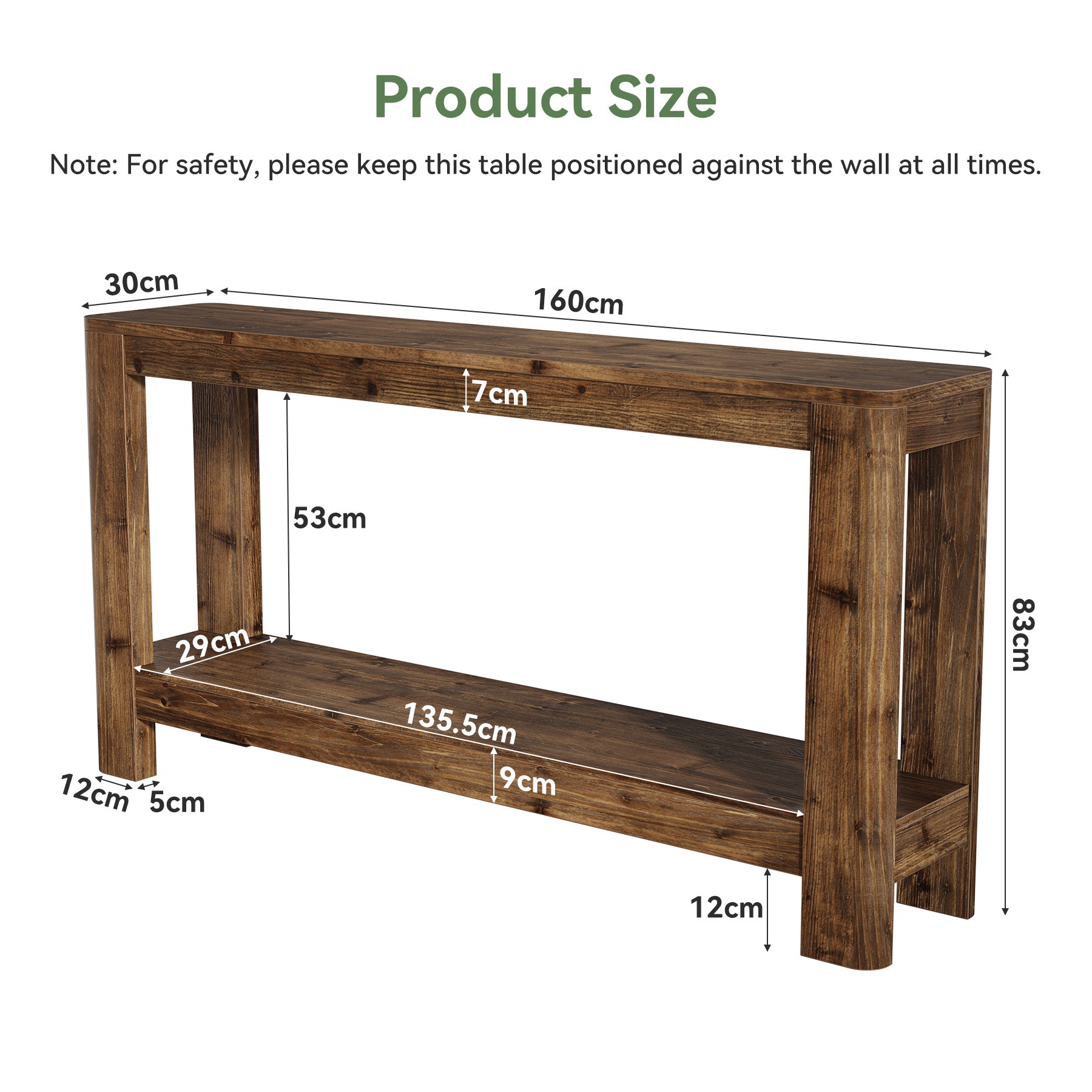 160 cm Massief Houten Consoletafel, Smalle Farmhouse Sidetable met Rek