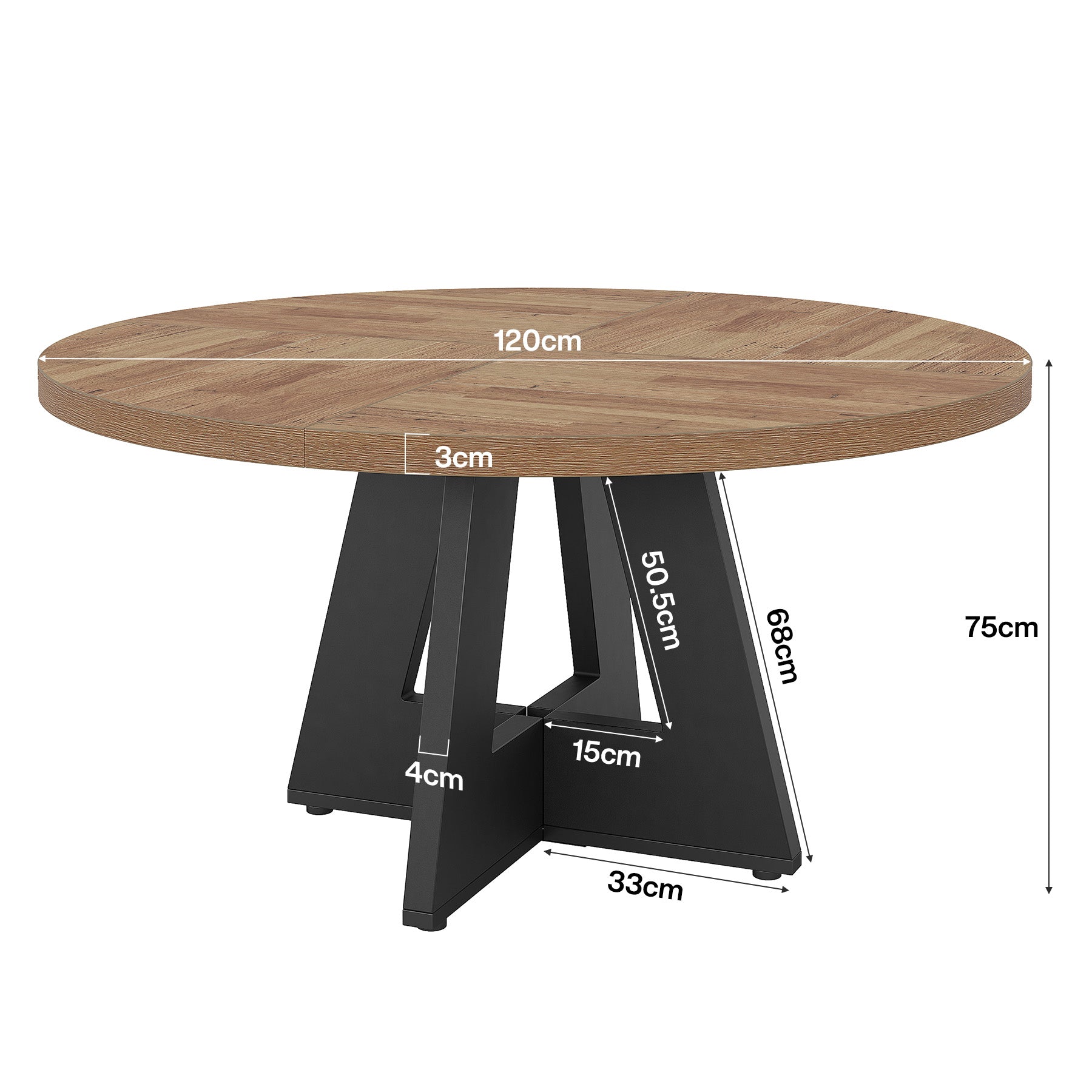 120 cm Ronde Boeren Eettafel, Bruin Houten Tafelblad voor 4 Personen in Keuken of Woonkamer