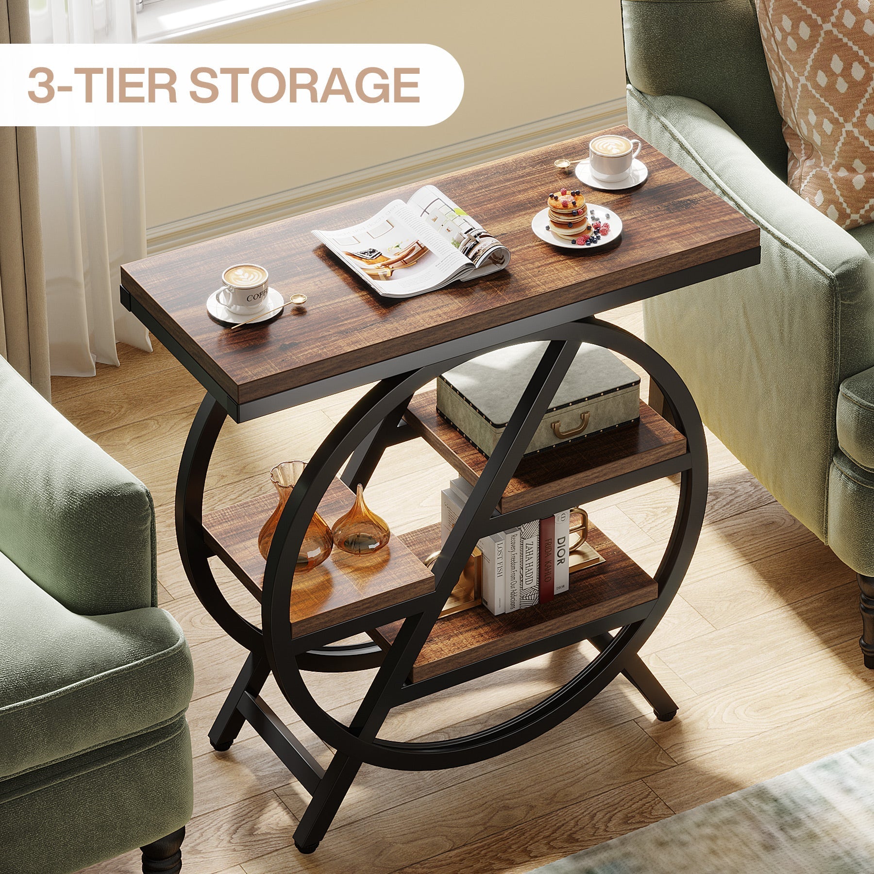 65 cm Drieplanken Bijzettafel, Industriële Houten Tafel met Geometrisch Frame voor Woonkamer