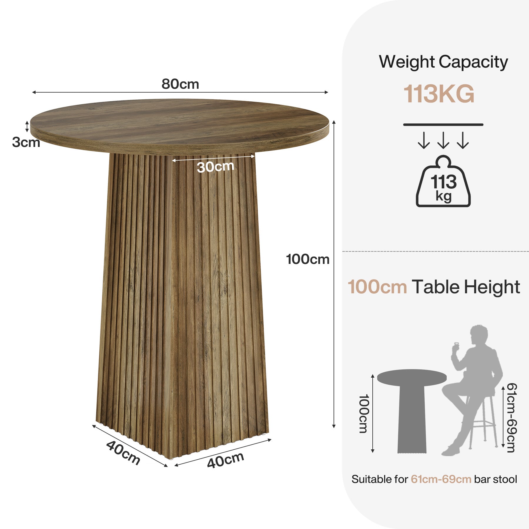 100 cm Tribesigns Ronde Bartafel, Houten Pubtafel voor Keuken (Alleen Tafel)