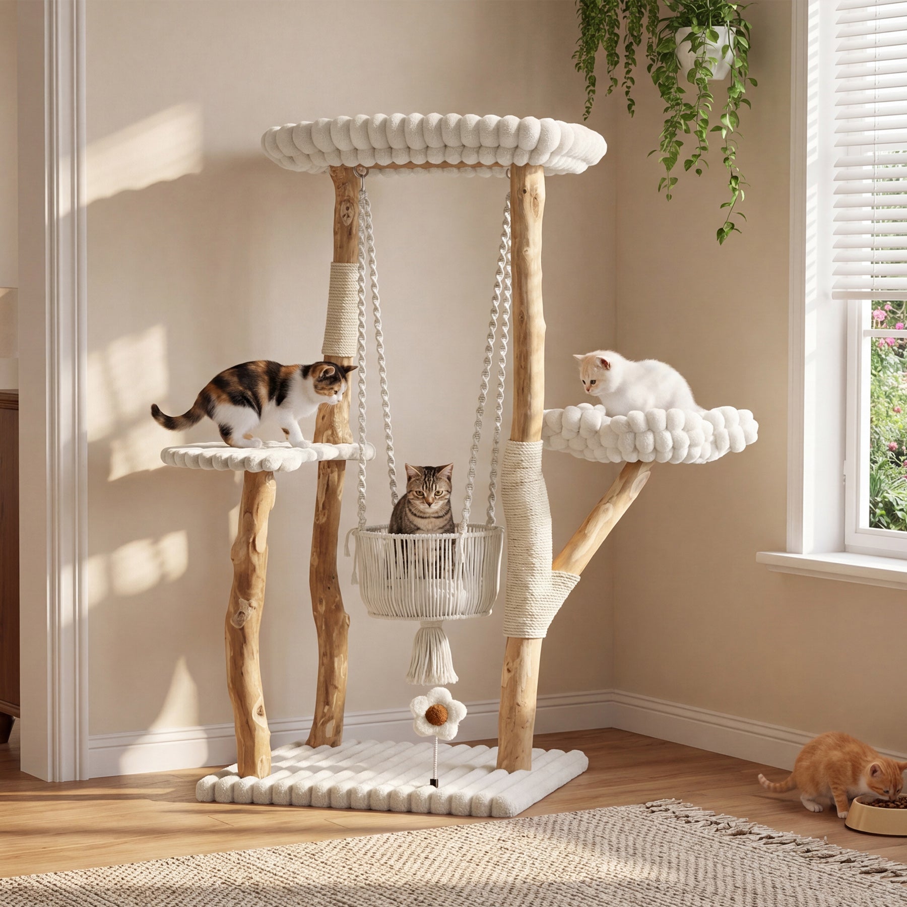 Tribesigns kattenboom van massief hout – 130 cm krabpaal met hangmat, ligvlakken en wasbare kussens