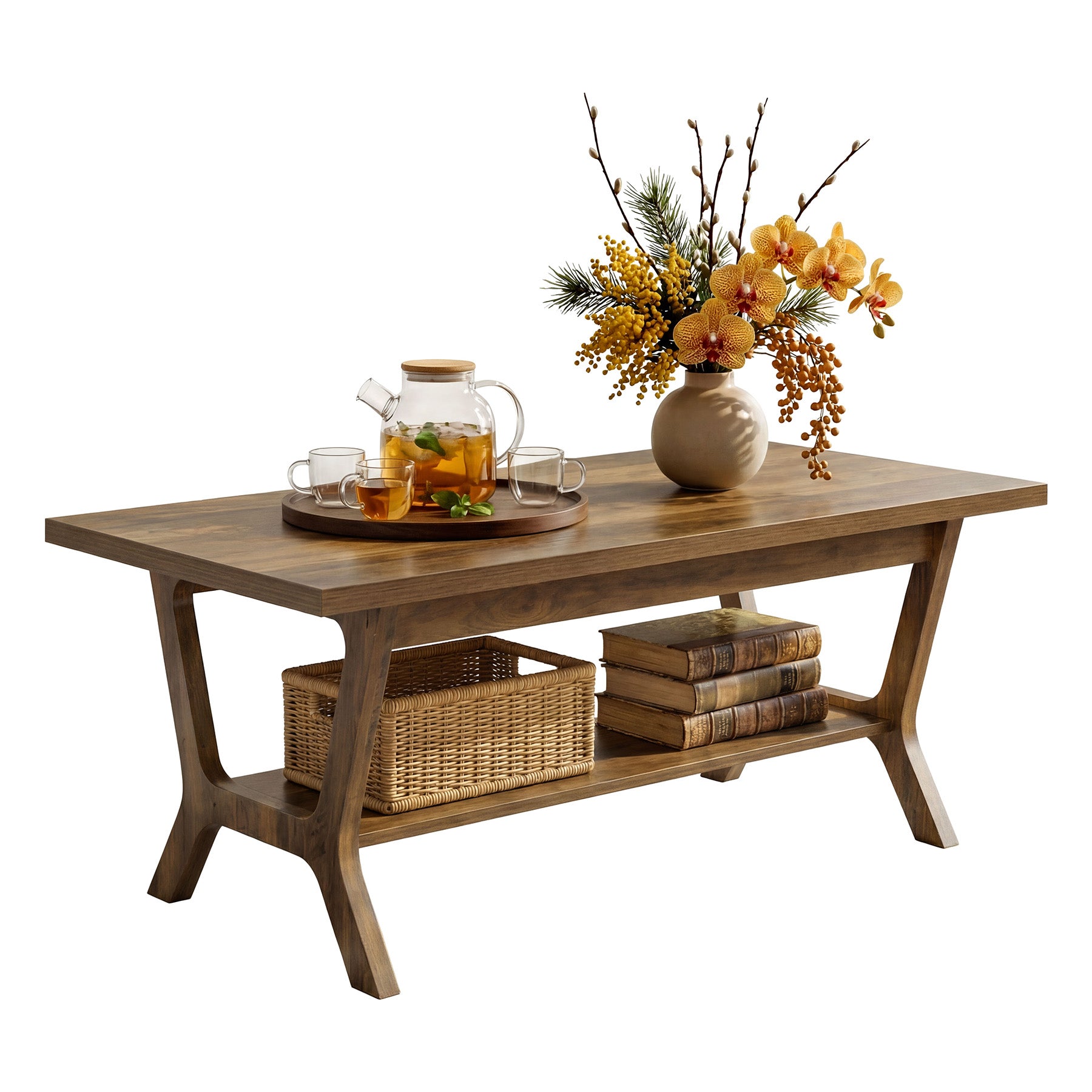 120 cm Rechthoekige Salontafel met Opbergplank, Landelijke Houten Centertafel voor Woonkamer