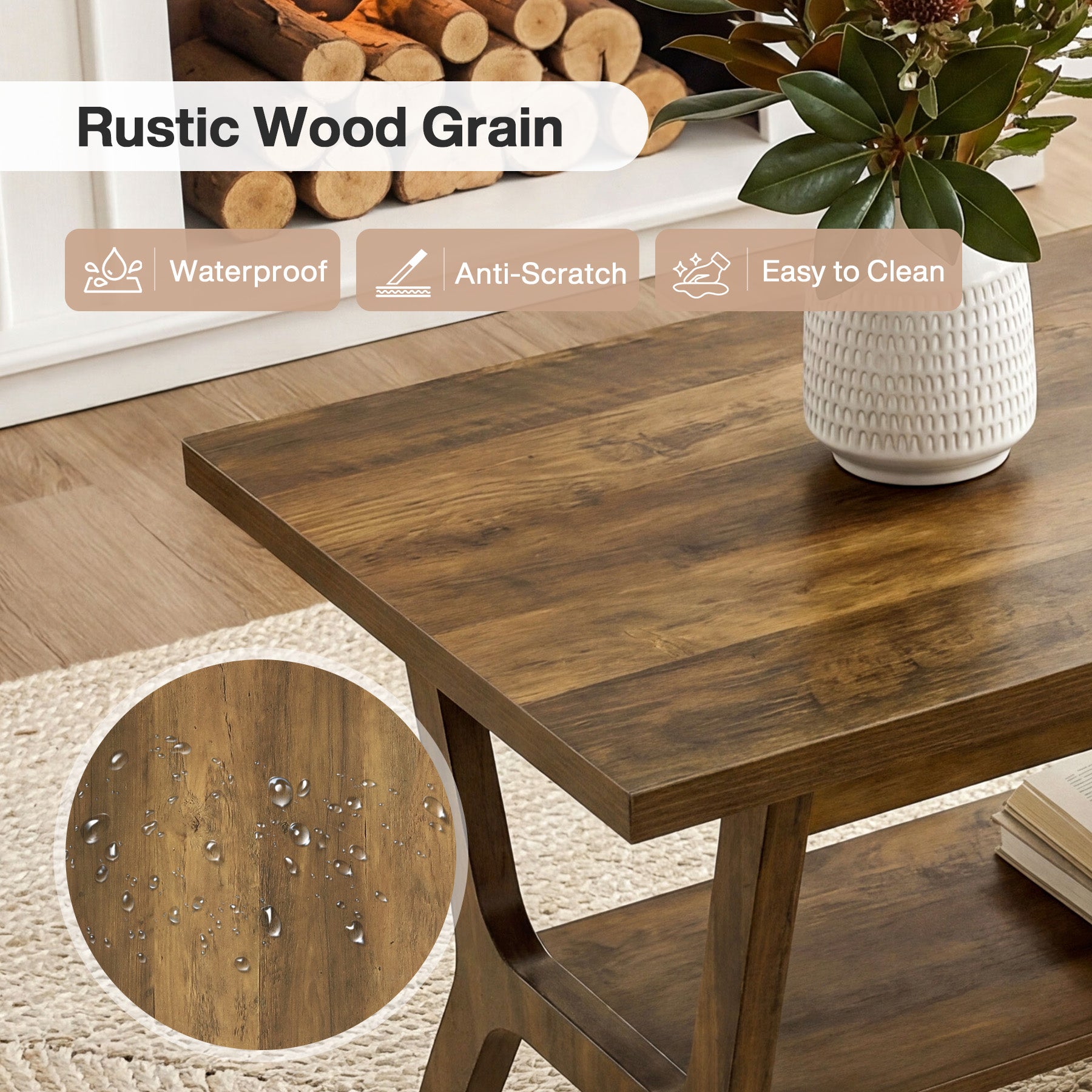 120 cm Rechthoekige Salontafel met Opbergplank, Landelijke Houten Centertafel voor Woonkamer
