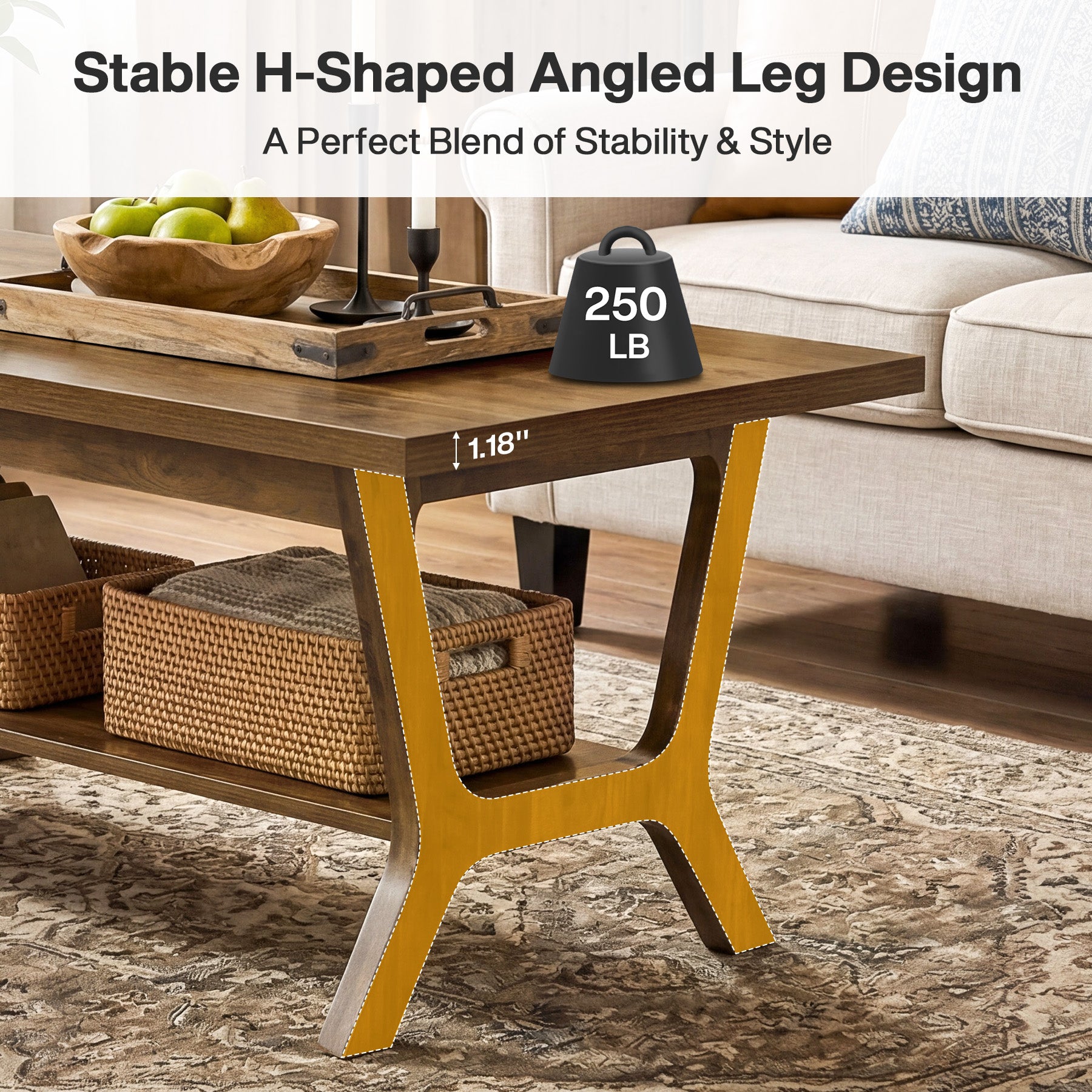 120 cm Rechthoekige Salontafel met Opbergplank, Landelijke Houten Centertafel voor Woonkamer